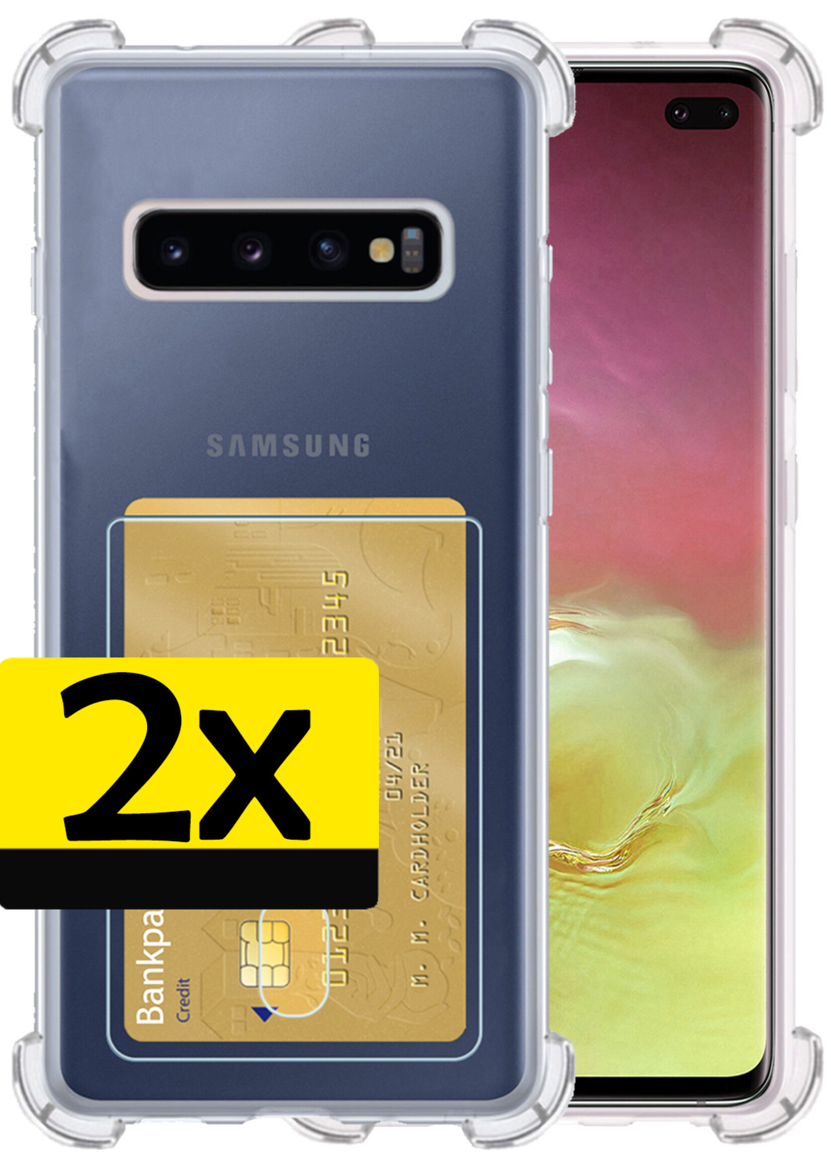 LUQ Hoesje Geschikt voor Samsung S10 Hoesje Case Pashouder Cover Siliconen - Hoes Geschikt voor Samsung Galaxy S10 Hoesje Met Kaarthouder - Transparant - 2 Stuks