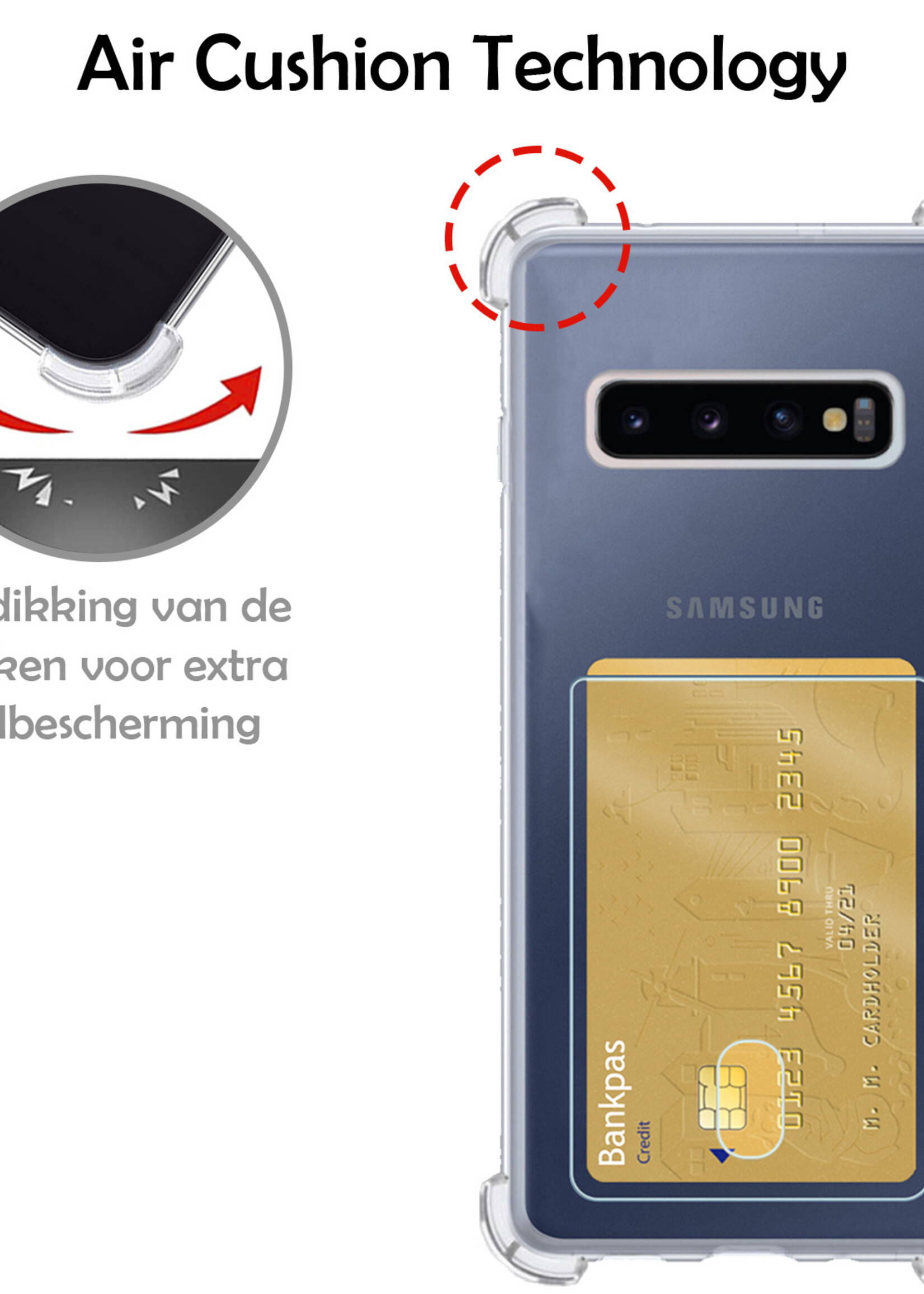 Hoesje Geschikt voor Samsung S10 Hoesje Case Pashouder Cover Siliconen - Hoes Geschikt voor Samsung Galaxy S10 Hoesje Met Kaarthouder - Transparant - 2 Stuks