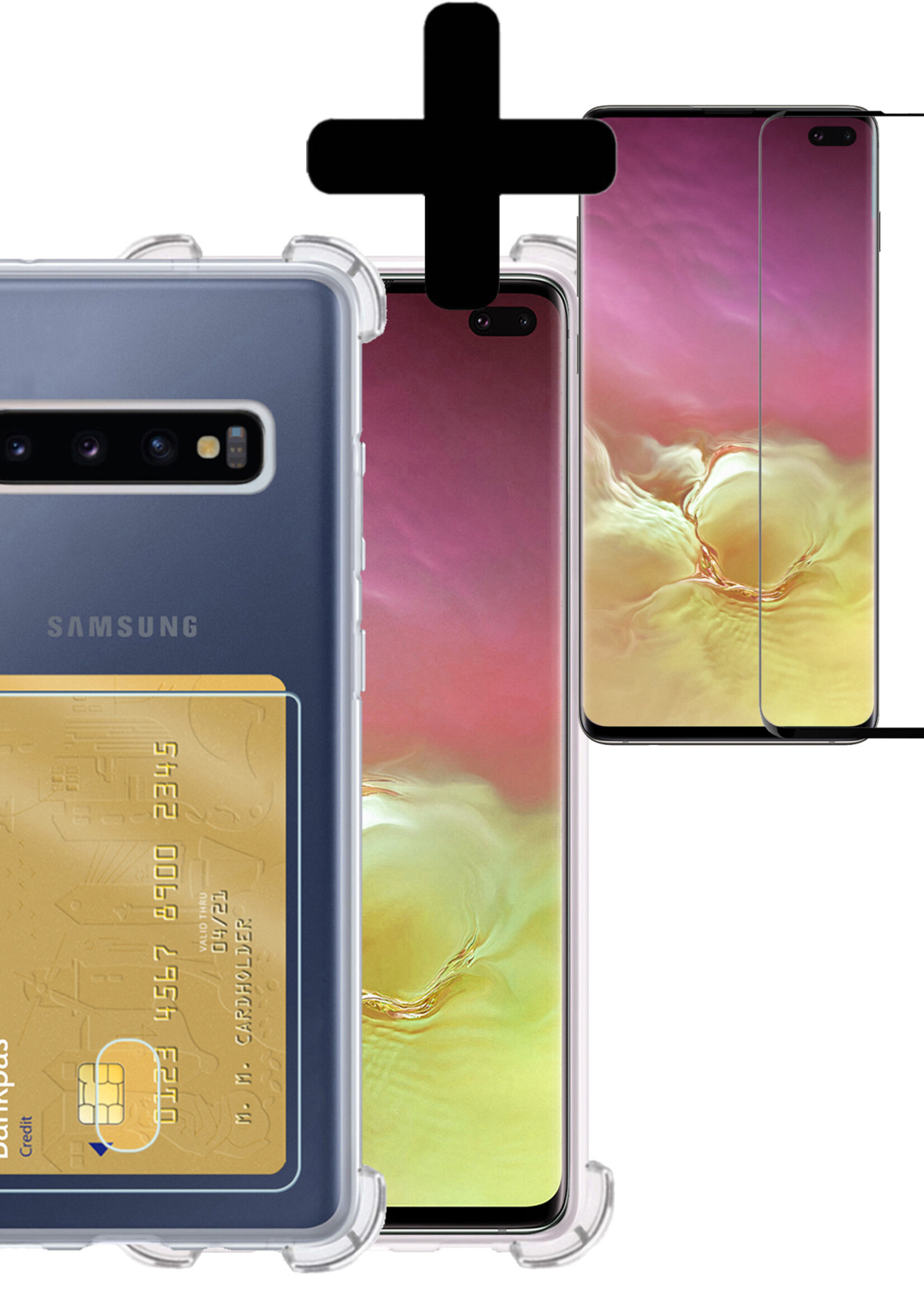 Hoesje Geschikt voor Samsung S10 Hoesje Case Pashouder Cover Siliconen Met Screenprotector - Hoes Geschikt voor Samsung Galaxy S10 Hoesje Met Kaarthouder- Transparant