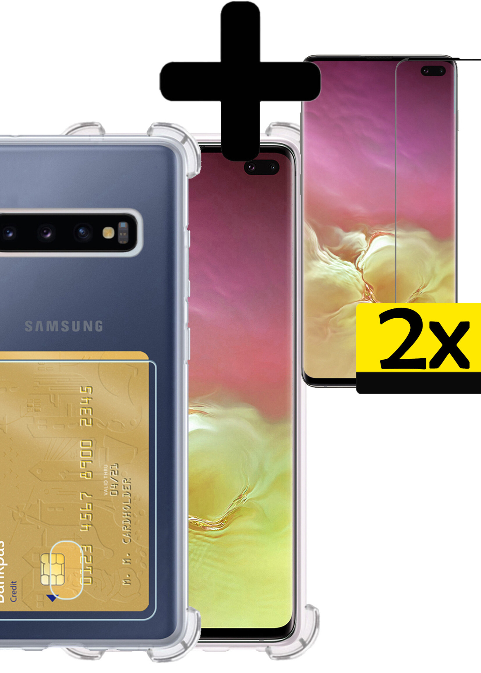 Hoesje Geschikt voor Samsung S10 Hoesje Case Pashouder Cover Siliconen Met 2x Screenprotector - Hoes Geschikt voor Samsung Galaxy S10 Hoesje Met Kaarthouder- Transparant