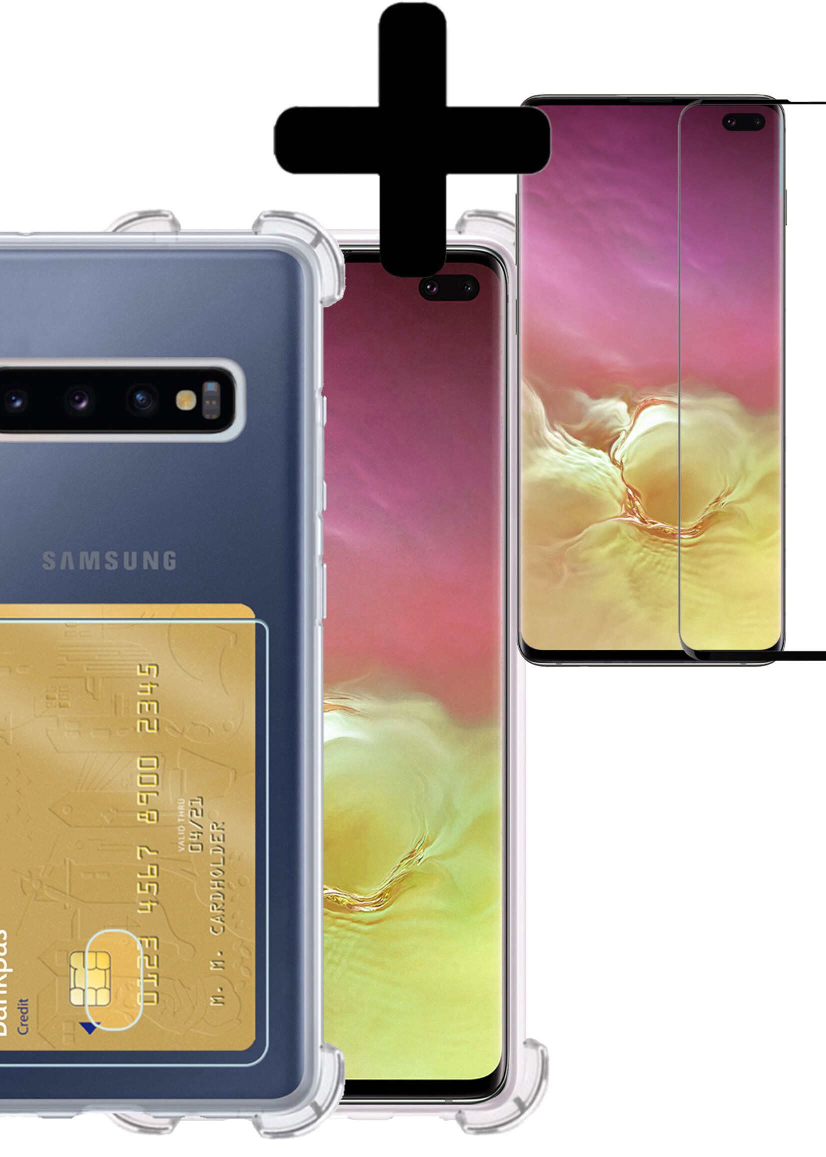 LUQ Hoesje Geschikt voor Samsung S10 Plus Hoesje Case Pashouder Cover Siliconen Met Screenprotector - Hoes Geschikt voor Samsung Galaxy S10 Plus Hoesje Met Kaarthouder- Transparant