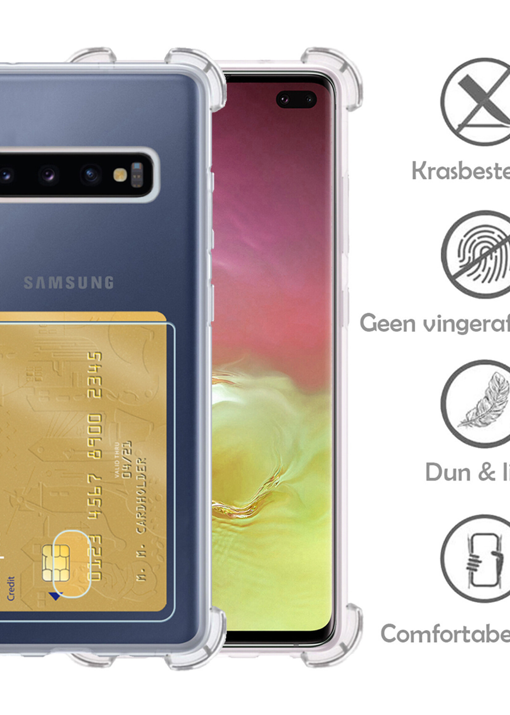 LUQ Hoesje Geschikt voor Samsung S10 Plus Hoesje Case Pashouder Cover Siliconen Met 2x Screenprotector - Hoes Geschikt voor Samsung Galaxy S10 Plus Hoesje Met Kaarthouder- Transparant