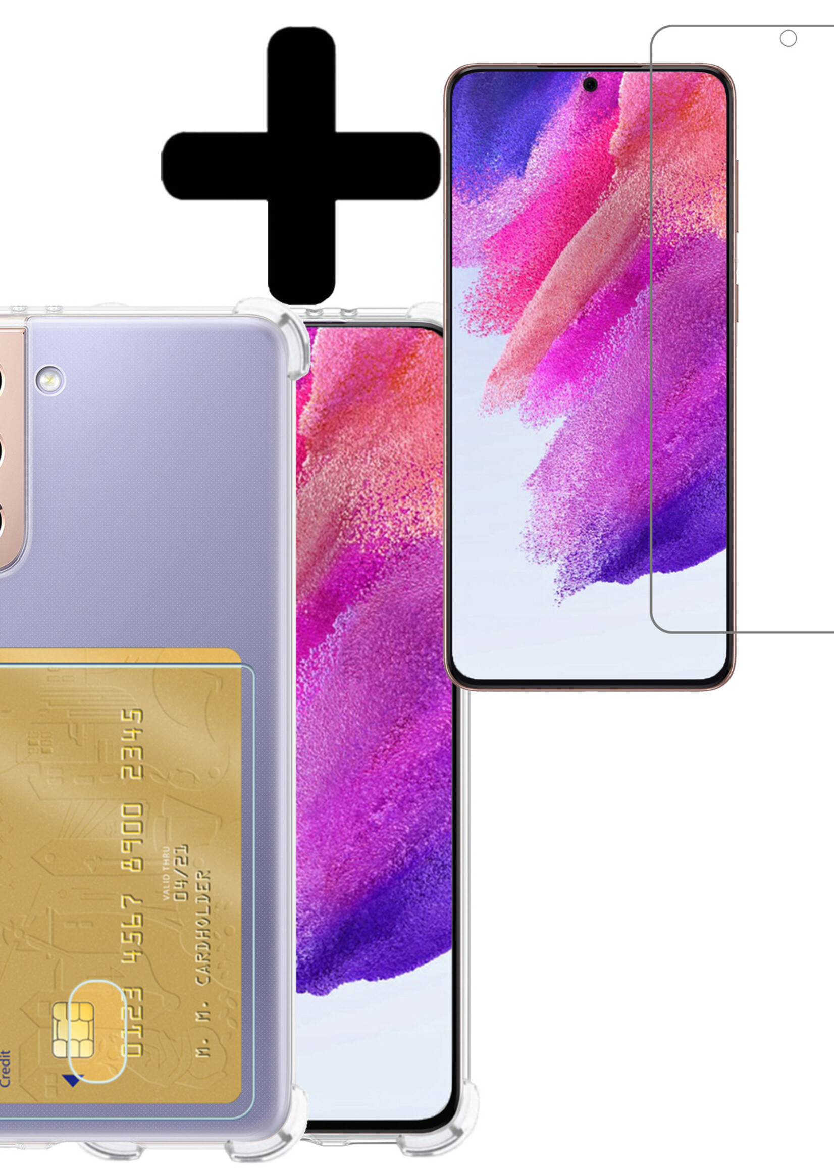 LUQ Hoesje Geschikt voor Samsung S21 FE Hoesje Case Pashouder Cover Siliconen Met Screenprotector - Hoes Geschikt voor Samsung Galaxy S21 FE Hoesje Met Kaarthouder- Transparant