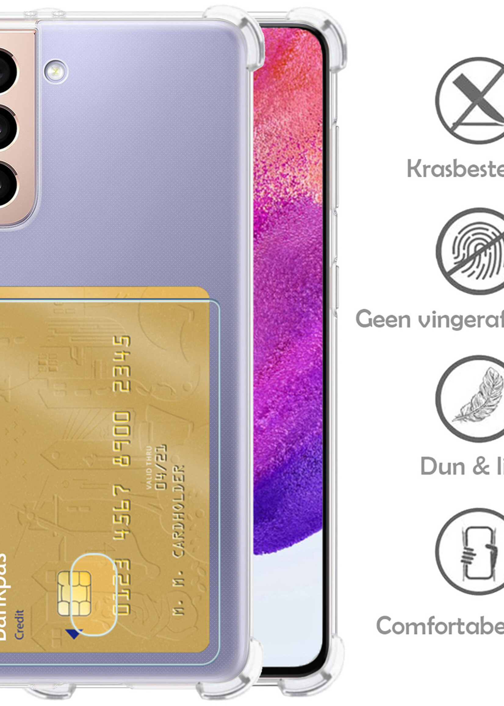 LUQ Hoesje Geschikt voor Samsung S21 FE Hoesje Case Pashouder Cover Siliconen Met Screenprotector - Hoes Geschikt voor Samsung Galaxy S21 FE Hoesje Met Kaarthouder- Transparant