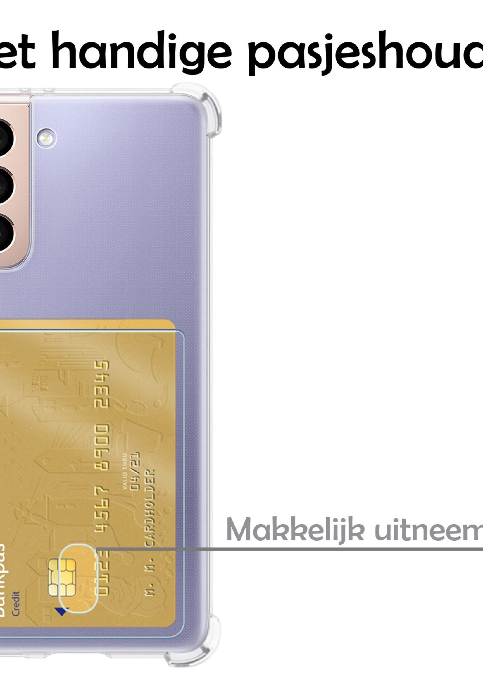 LUQ Hoesje Geschikt voor Samsung S21 FE Hoesje Case Pashouder Cover Siliconen Met Screenprotector - Hoes Geschikt voor Samsung Galaxy S21 FE Hoesje Met Kaarthouder- Transparant