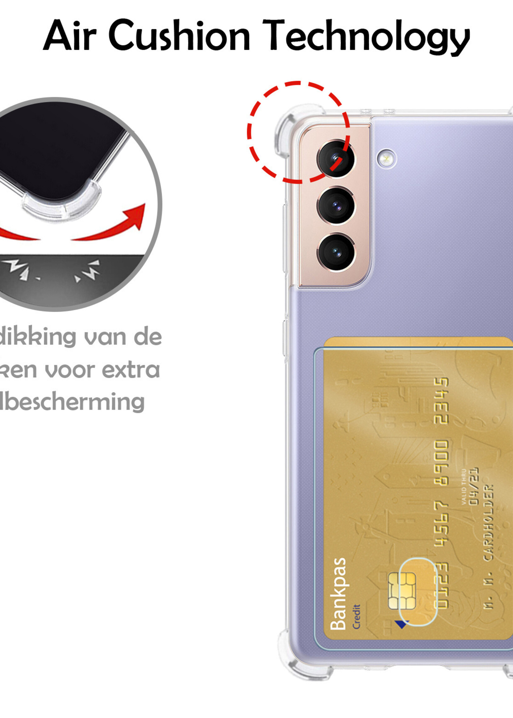 LUQ Hoesje Geschikt voor Samsung S21 FE Hoesje Case Pashouder Cover Siliconen Met Screenprotector - Hoes Geschikt voor Samsung Galaxy S21 FE Hoesje Met Kaarthouder- Transparant