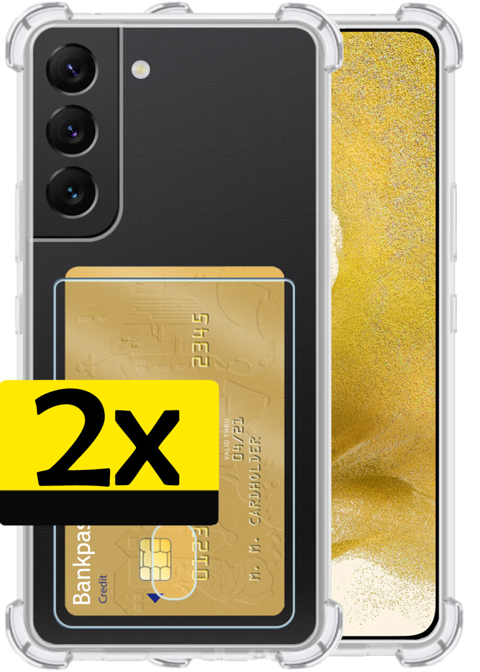 LUQ Hoesje Geschikt voor Samsung S22 Hoesje Case Pashouder Cover Siliconen - Hoes Geschikt voor Samsung Galaxy S22 Hoesje Met Kaarthouder - Transparant - 2 Stuks