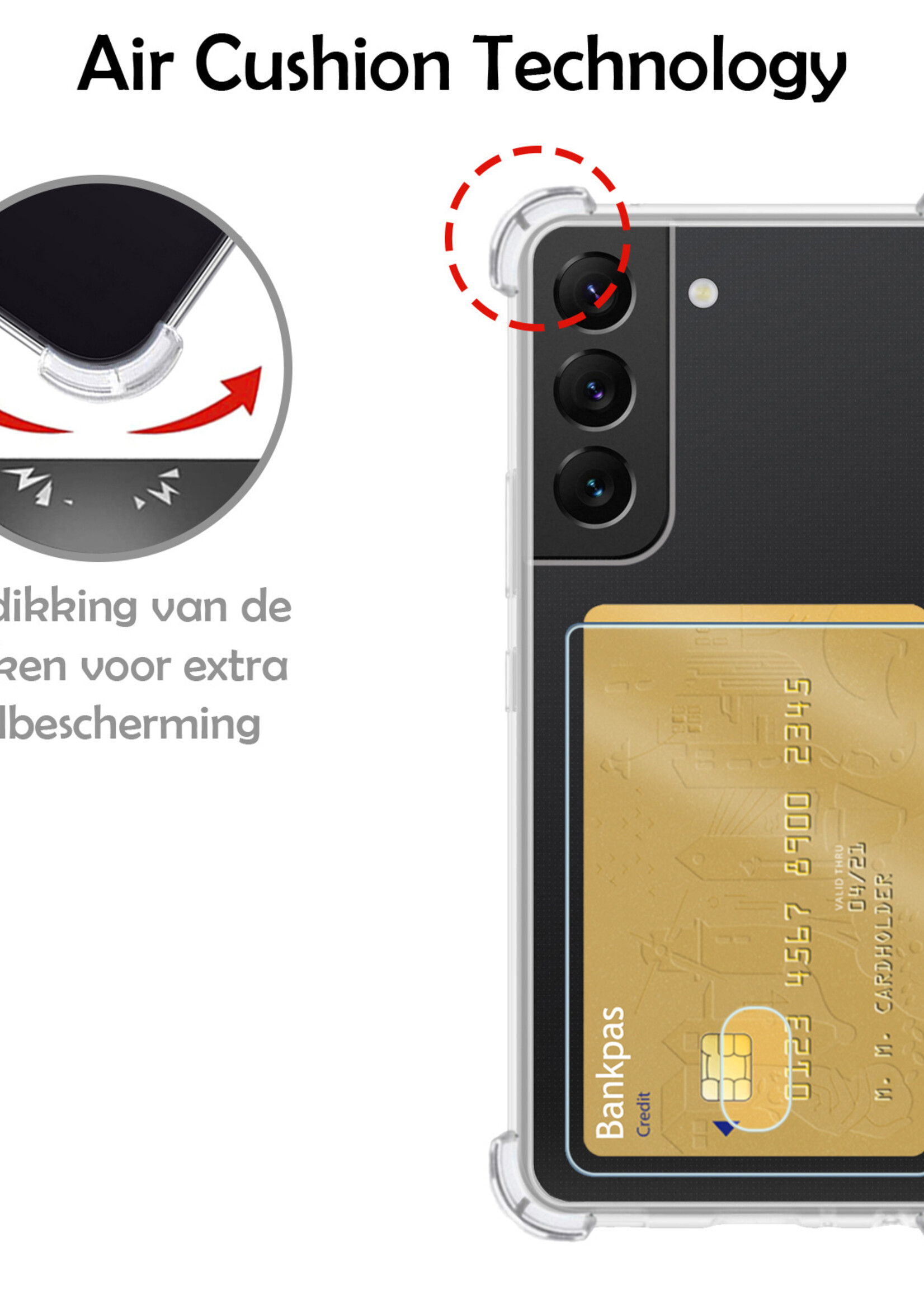 Hoesje Geschikt voor Samsung S22 Hoesje Case Pashouder Cover Siliconen - Hoes Geschikt voor Samsung Galaxy S22 Hoesje Met Kaarthouder - Transparant - 2 Stuks