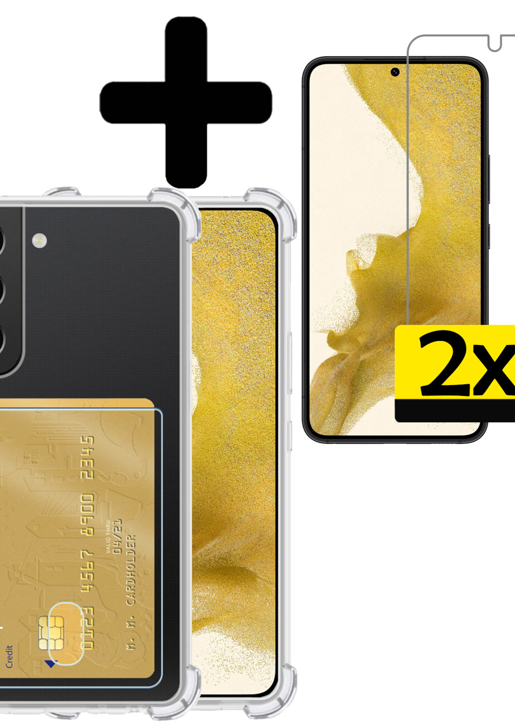 Hoesje Geschikt voor Samsung S22 Hoesje Case Pashouder Cover Siliconen Met 2x Screenprotector - Hoes Geschikt voor Samsung Galaxy S22 Hoesje Met Kaarthouder- Transparant
