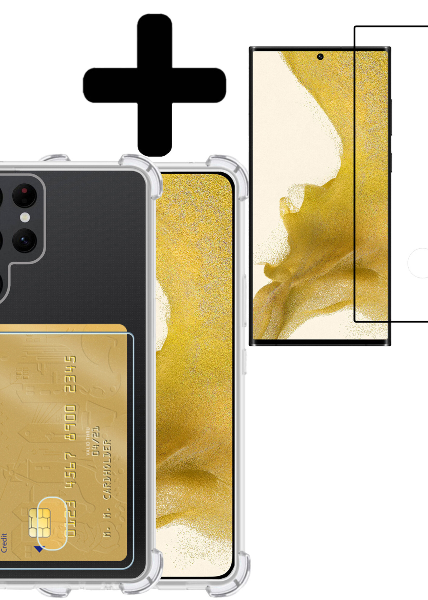 LUQ Hoesje Geschikt voor Samsung S22 Ultra Hoesje Case Pashouder Cover Siliconen Met Screenprotector - Hoes Geschikt voor Samsung Galaxy S22 Ultra Hoesje Met Kaarthouder- Transparant