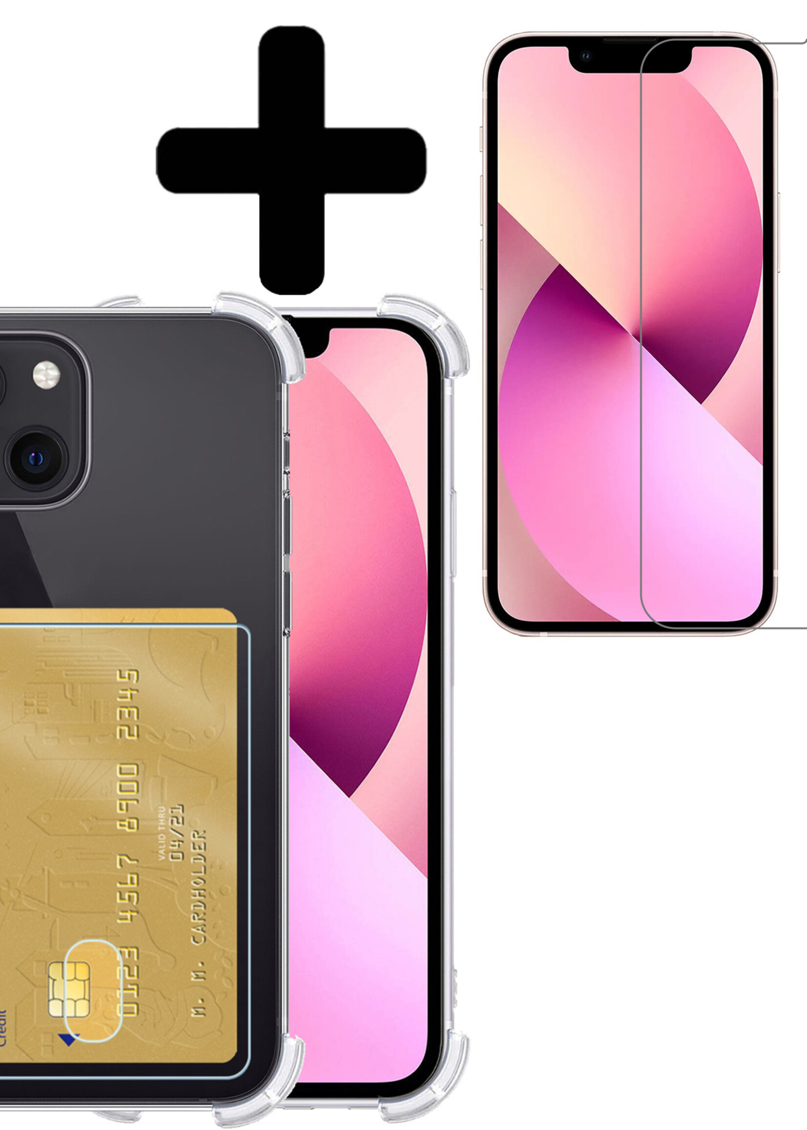 Hoesje Geschikt voor iPhone 13 Hoesje Case Pashouder Cover Siliconen Met Screenprotector - Hoes Geschikt voor iPhone 13 Hoesje Met Kaarthouder- Transparant