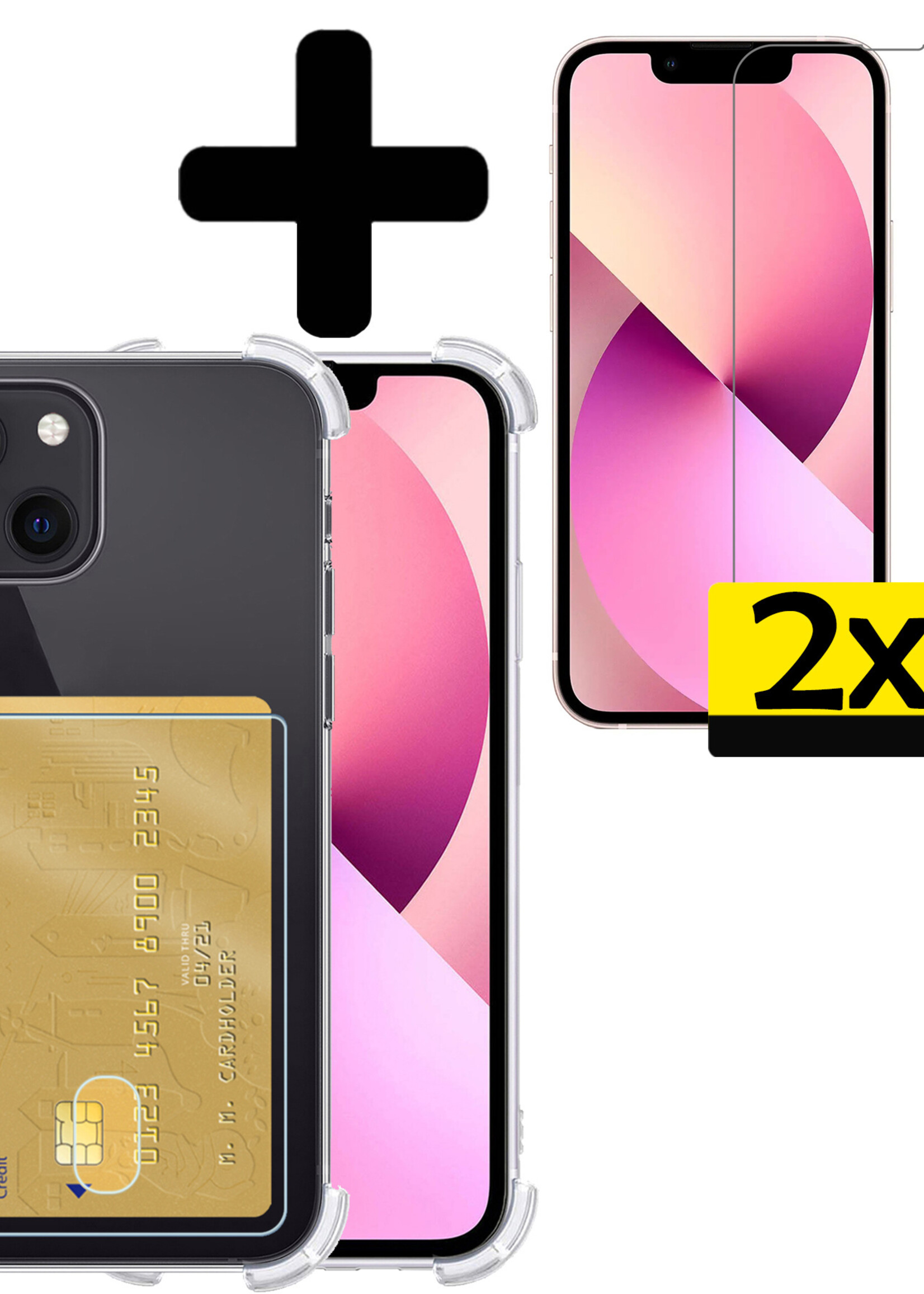 LUQ Hoesje Geschikt voor iPhone 13 Hoesje Case Pashouder Cover Siliconen Met 2x Screenprotector - Hoes Geschikt voor iPhone 13 Hoesje Met Kaarthouder- Transparant