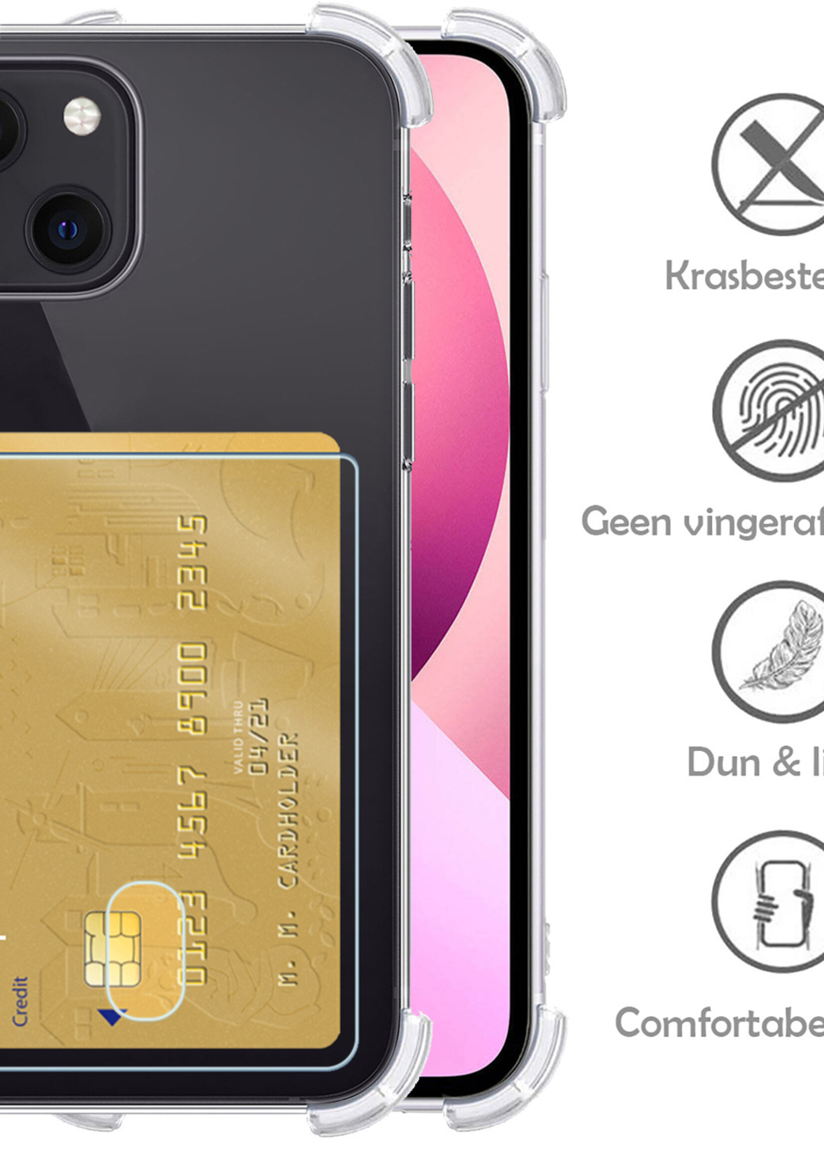 LUQ Hoesje Geschikt voor iPhone 13 Hoesje Case Pashouder Cover Siliconen Met 2x Screenprotector - Hoes Geschikt voor iPhone 13 Hoesje Met Kaarthouder- Transparant