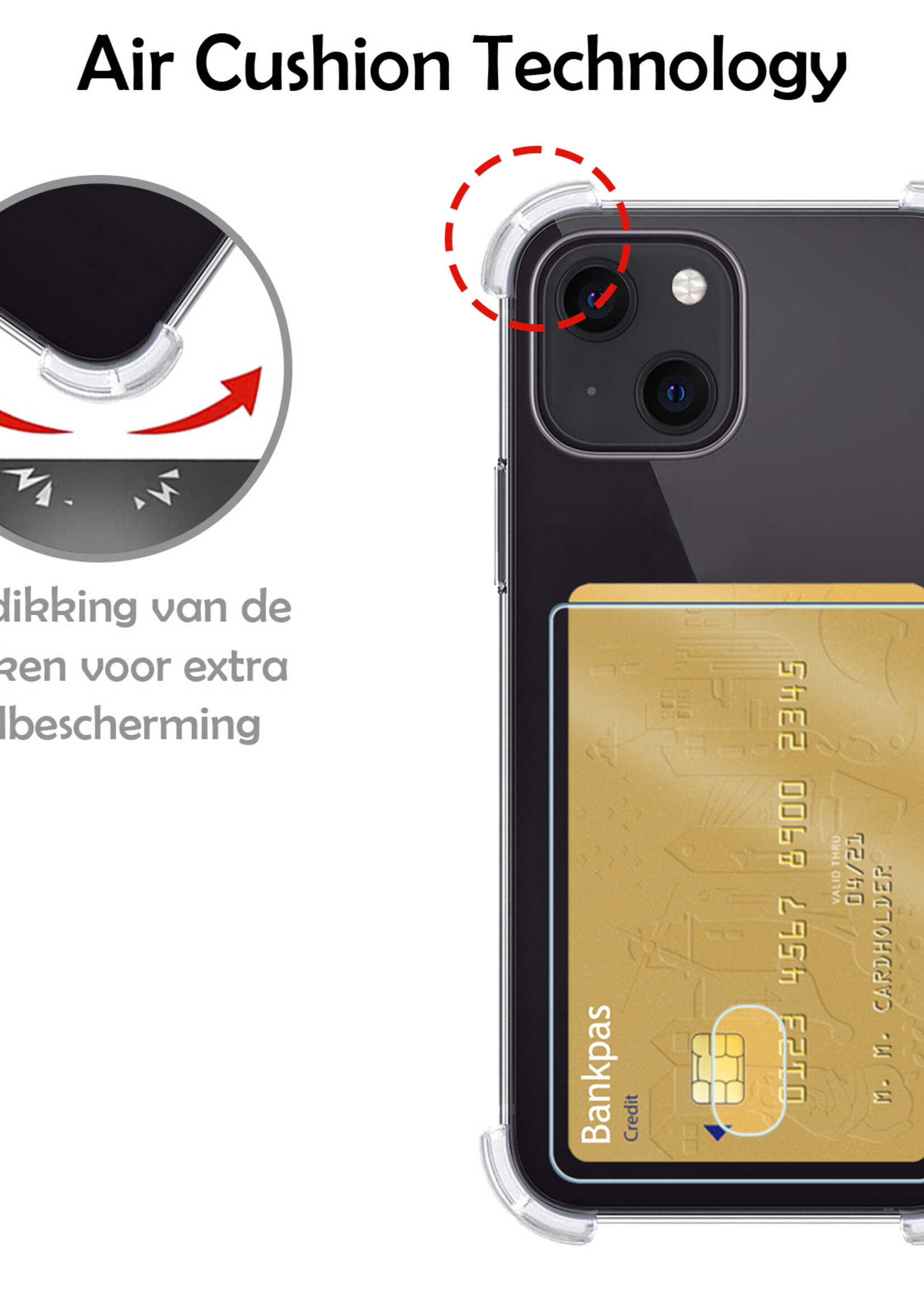 LUQ Hoesje Geschikt voor iPhone 13 Hoesje Case Pashouder Cover Siliconen Met 2x Screenprotector - Hoes Geschikt voor iPhone 13 Hoesje Met Kaarthouder- Transparant