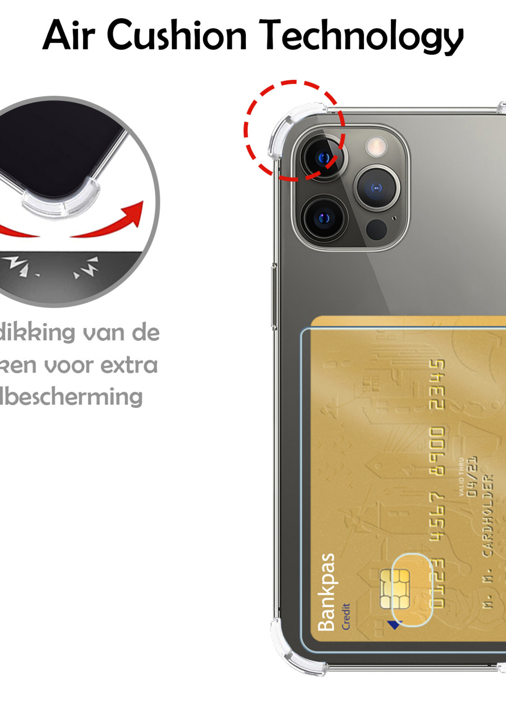 LUQ Hoesje Geschikt voor iPhone 13 Pro Max Hoesje Case Pashouder Cover Siliconen Met 2x Screenprotector - Hoes Geschikt voor iPhone 13 Pro Max Hoesje Met Kaarthouder- Transparant