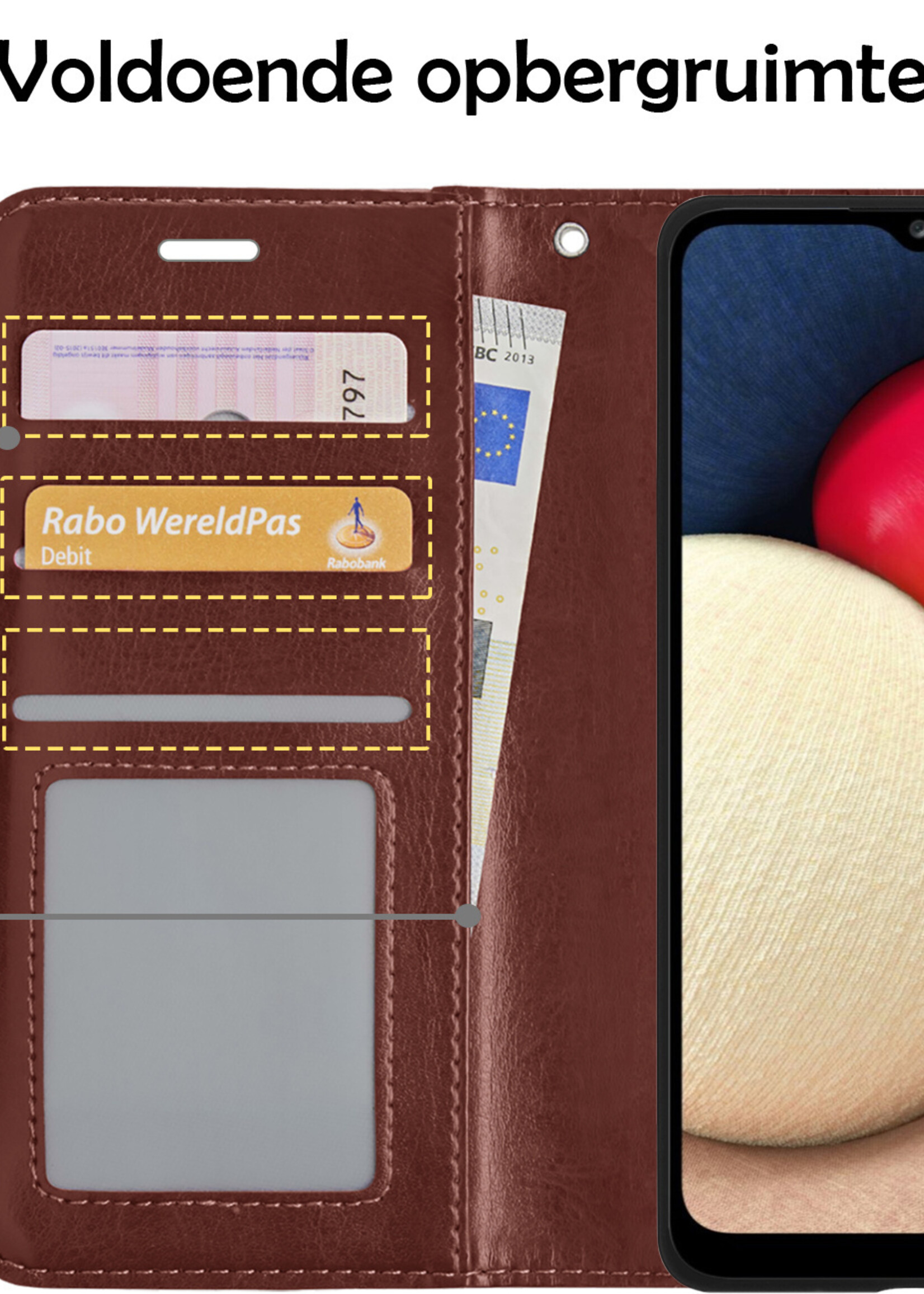 LUQ Hoesje Geschikt voor Samsung A02s Hoesje Book Case Hoes Wallet Cover Met Screenprotector - Hoes Geschikt voor Samsung Galaxy A02s Hoesje Bookcase Hoes - Bruin