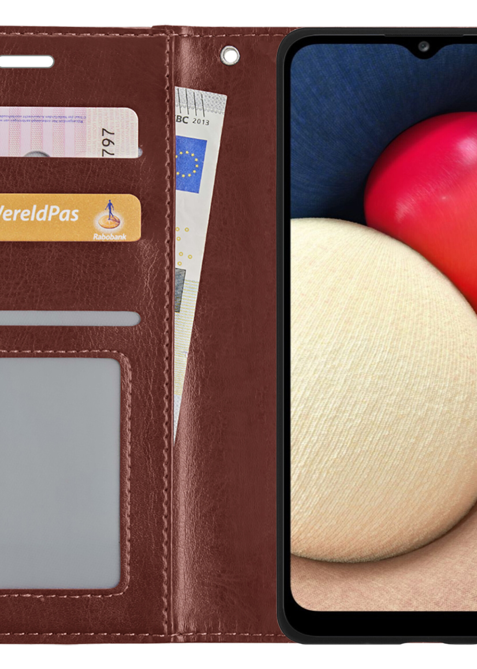 LUQ Hoesje Geschikt voor Samsung A02s Hoesje Book Case Hoes Wallet Cover Met Screenprotector - Hoes Geschikt voor Samsung Galaxy A02s Hoesje Bookcase Hoes - Bruin