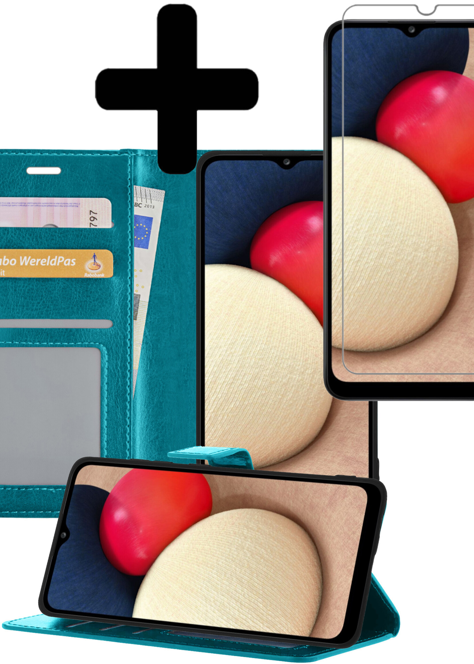 LUQ Hoesje Geschikt voor Samsung A02s Hoesje Book Case Hoes Wallet Cover Met Screenprotector - Hoes Geschikt voor Samsung Galaxy A02s Hoesje Bookcase Hoes - Turquoise