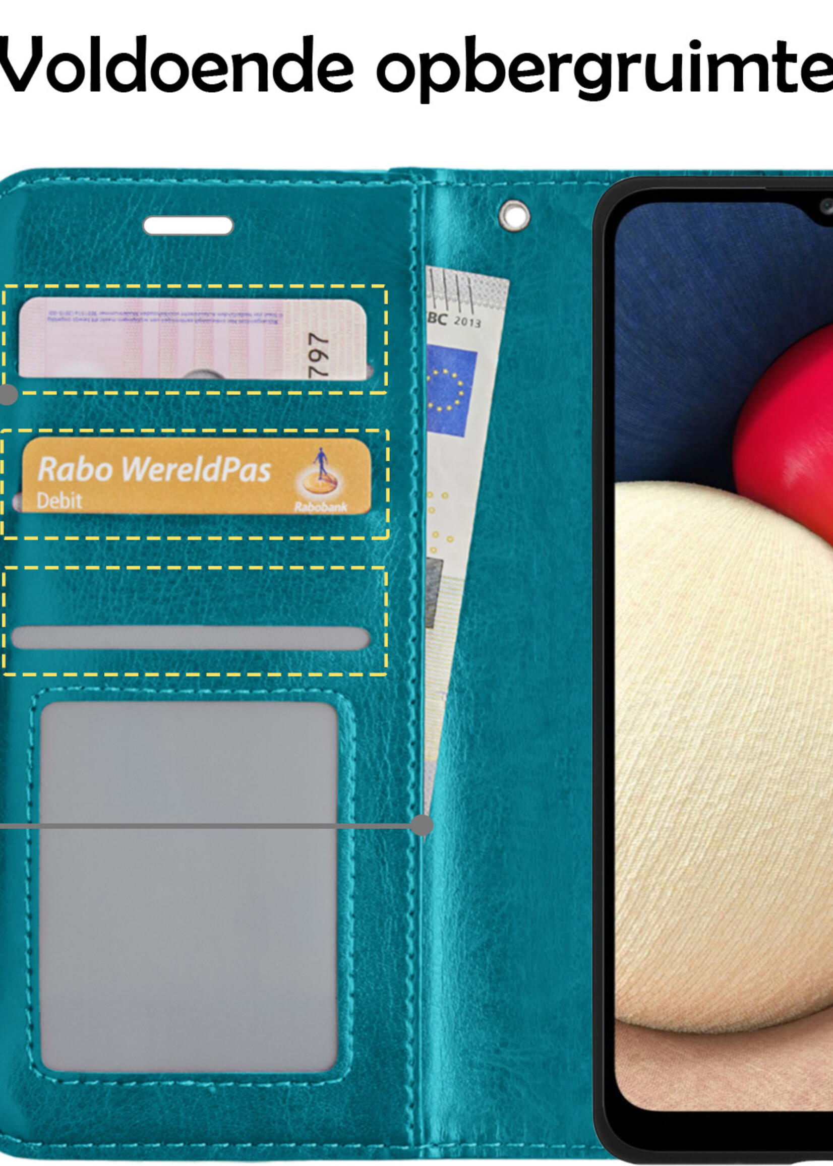 LUQ Hoesje Geschikt voor Samsung A02s Hoesje Book Case Hoes Wallet Cover Met Screenprotector - Hoes Geschikt voor Samsung Galaxy A02s Hoesje Bookcase Hoes - Turquoise