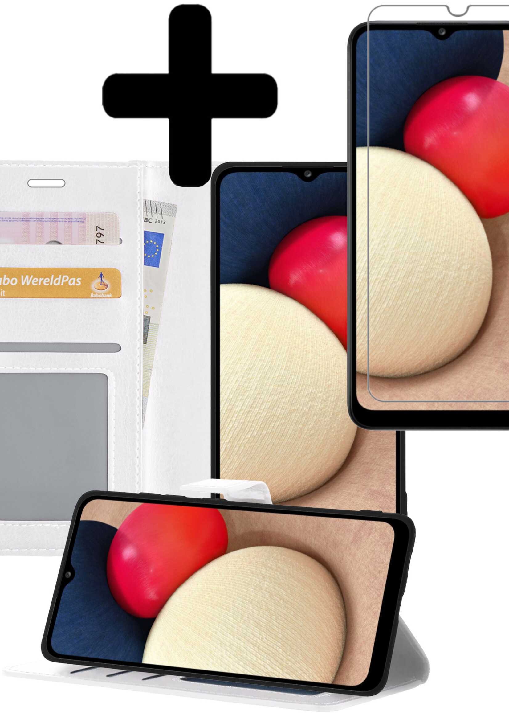 LUQ Hoesje Geschikt voor Samsung A02s Hoesje Book Case Hoes Wallet Cover Met Screenprotector - Hoes Geschikt voor Samsung Galaxy A02s Hoesje Bookcase Hoes - Wit