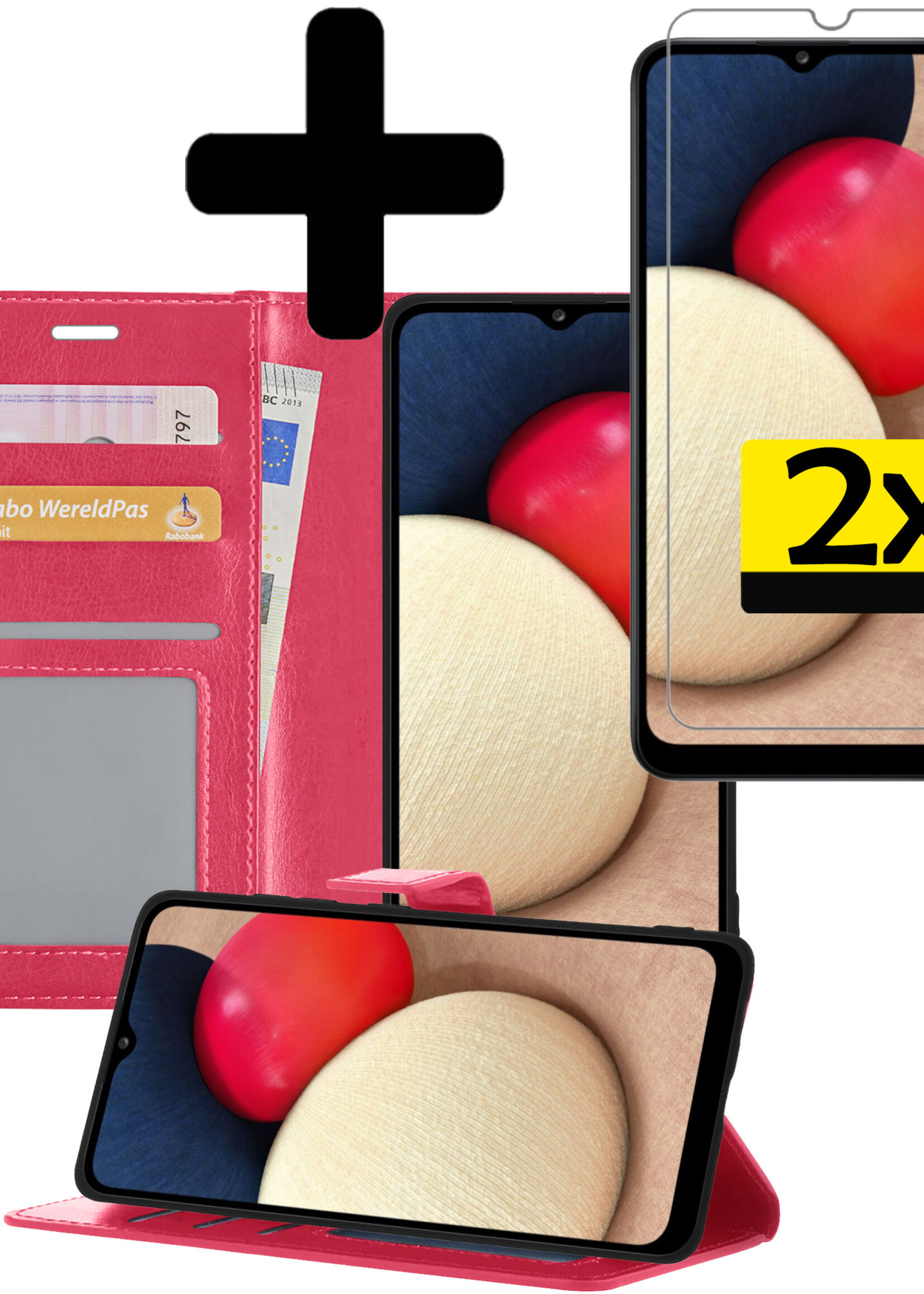 LUQ Hoesje Geschikt voor Samsung A02s Hoesje Book Case Hoes Wallet Cover Met 2x Screenprotector - Hoes Geschikt voor Samsung Galaxy A02s Hoesje Bookcase Hoes - Donkerroze