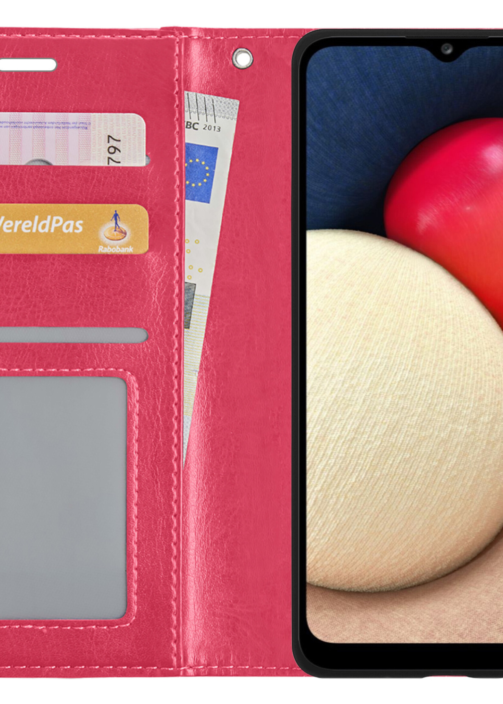 LUQ Hoesje Geschikt voor Samsung A02s Hoesje Book Case Hoes Wallet Cover Met 2x Screenprotector - Hoes Geschikt voor Samsung Galaxy A02s Hoesje Bookcase Hoes - Donkerroze