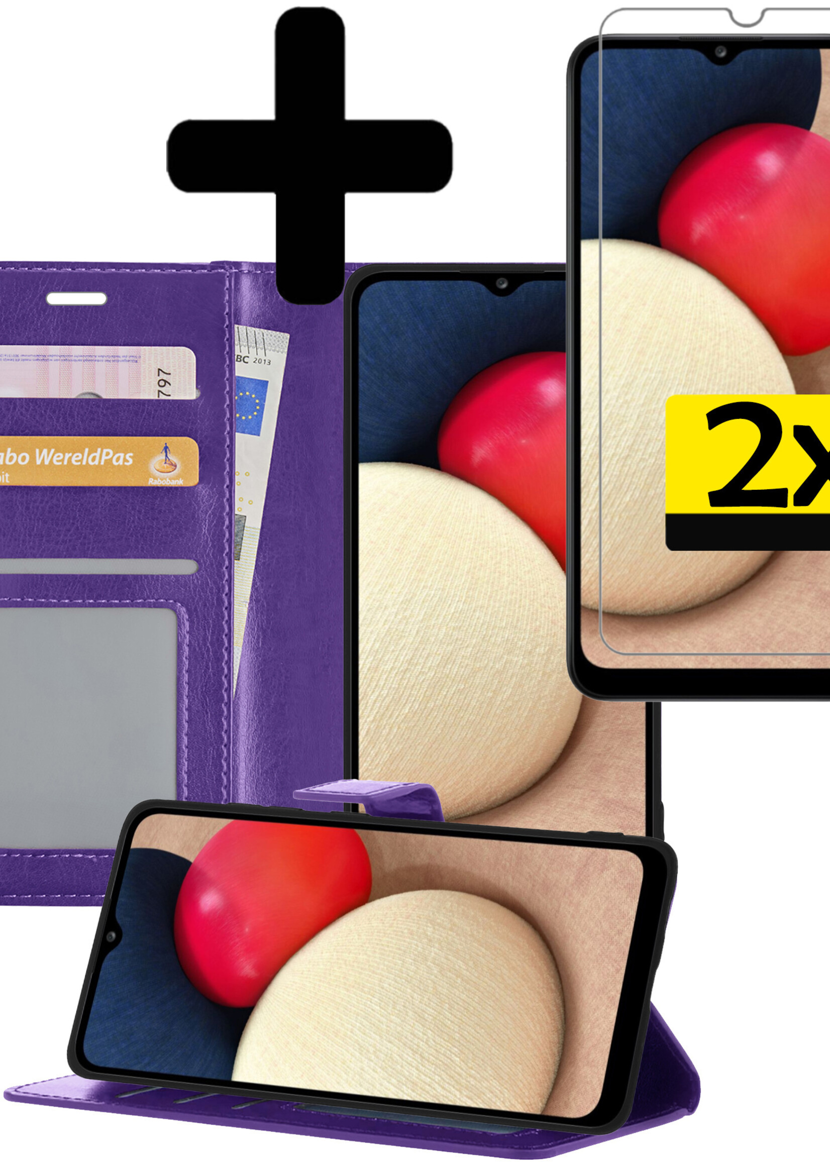 LUQ Hoesje Geschikt voor Samsung A02s Hoesje Book Case Hoes Wallet Cover Met 2x Screenprotector - Hoes Geschikt voor Samsung Galaxy A02s Hoesje Bookcase Hoes - Paars