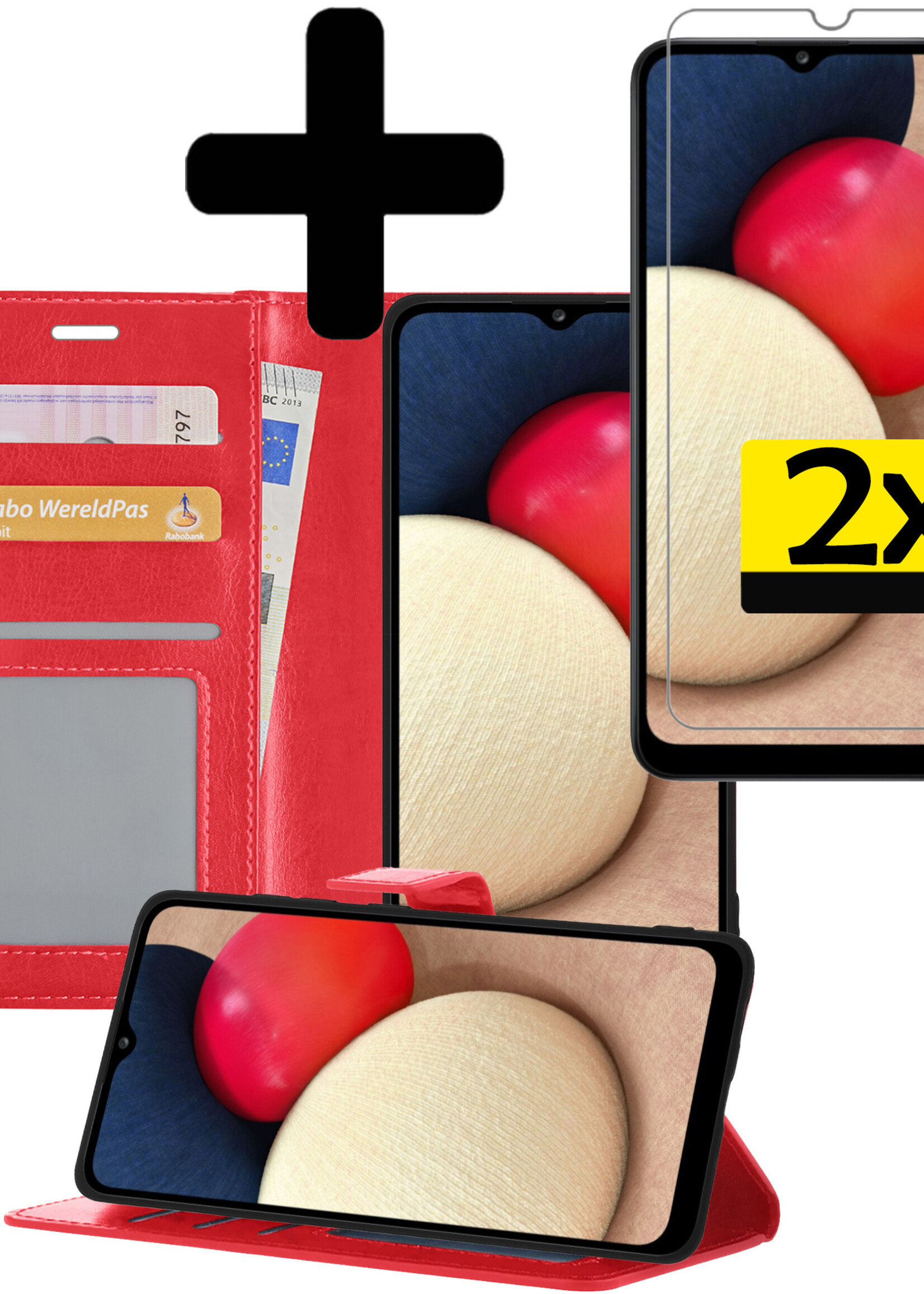 LUQ Hoesje Geschikt voor Samsung A02s Hoesje Book Case Hoes Wallet Cover Met 2x Screenprotector - Hoes Geschikt voor Samsung Galaxy A02s Hoesje Bookcase Hoes - Rood