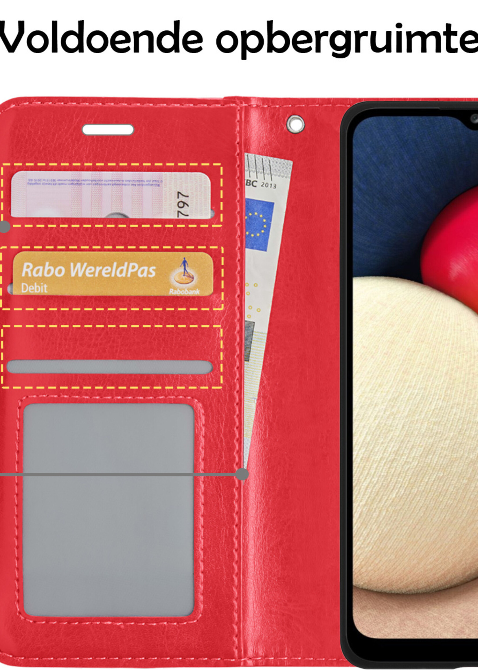 LUQ Hoesje Geschikt voor Samsung A02s Hoesje Book Case Hoes Wallet Cover Met 2x Screenprotector - Hoes Geschikt voor Samsung Galaxy A02s Hoesje Bookcase Hoes - Rood
