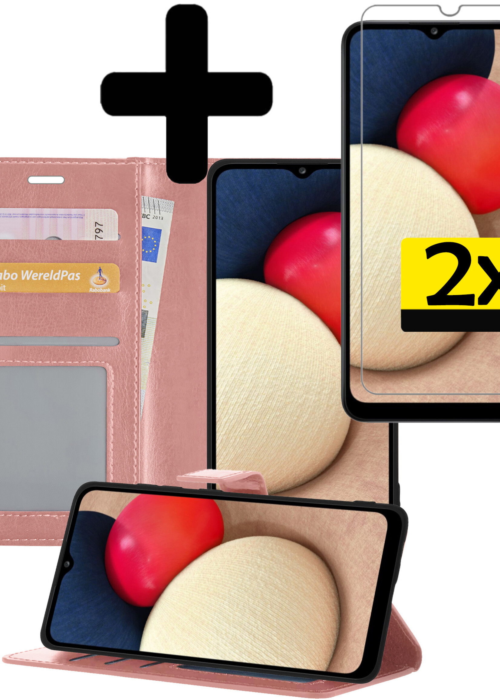 LUQ Hoesje Geschikt voor Samsung A02s Hoesje Book Case Hoes Wallet Cover Met 2x Screenprotector - Hoes Geschikt voor Samsung Galaxy A02s Hoesje Bookcase Hoes - Rosé goud