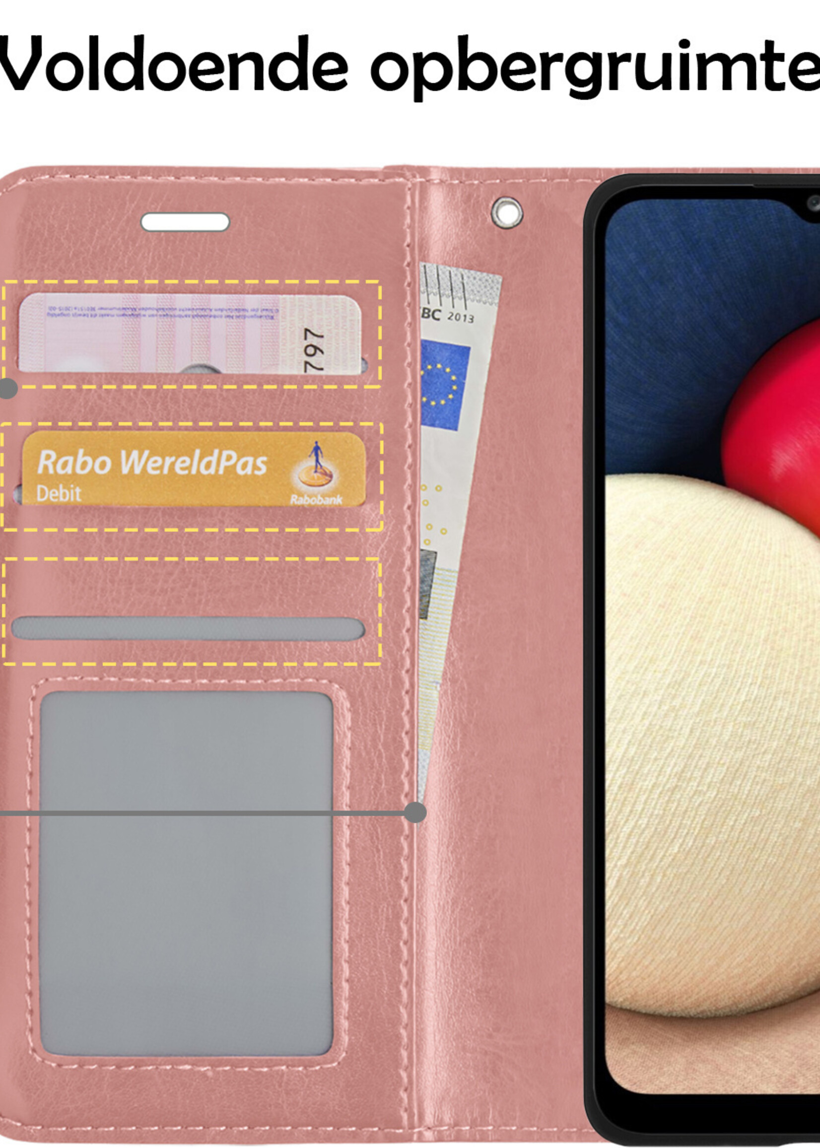 LUQ Hoesje Geschikt voor Samsung A02s Hoesje Book Case Hoes Wallet Cover Met 2x Screenprotector - Hoes Geschikt voor Samsung Galaxy A02s Hoesje Bookcase Hoes - Rosé goud