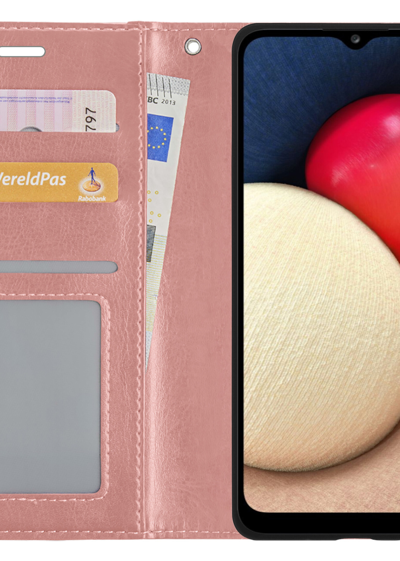 LUQ Hoesje Geschikt voor Samsung A02s Hoesje Book Case Hoes Wallet Cover Met 2x Screenprotector - Hoes Geschikt voor Samsung Galaxy A02s Hoesje Bookcase Hoes - Rosé goud