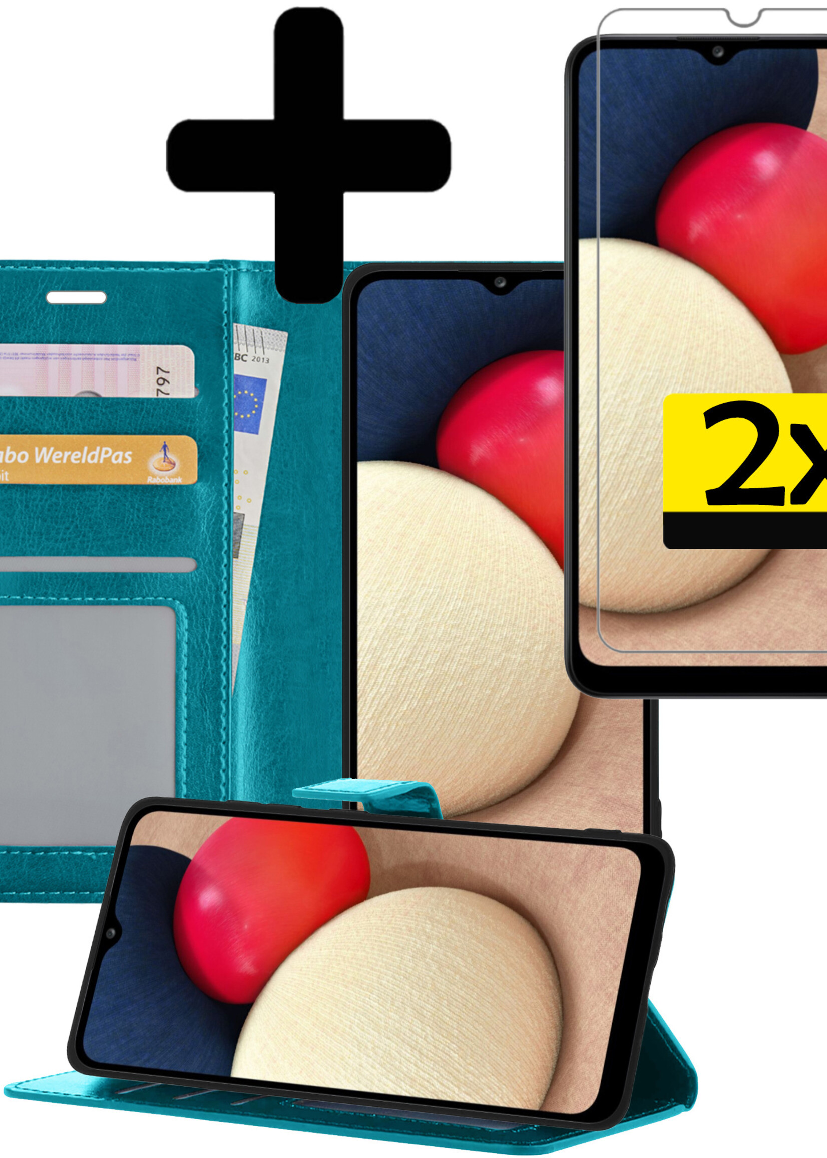 LUQ Hoesje Geschikt voor Samsung A02s Hoesje Book Case Hoes Wallet Cover Met 2x Screenprotector - Hoes Geschikt voor Samsung Galaxy A02s Hoesje Bookcase Hoes - Turquoise