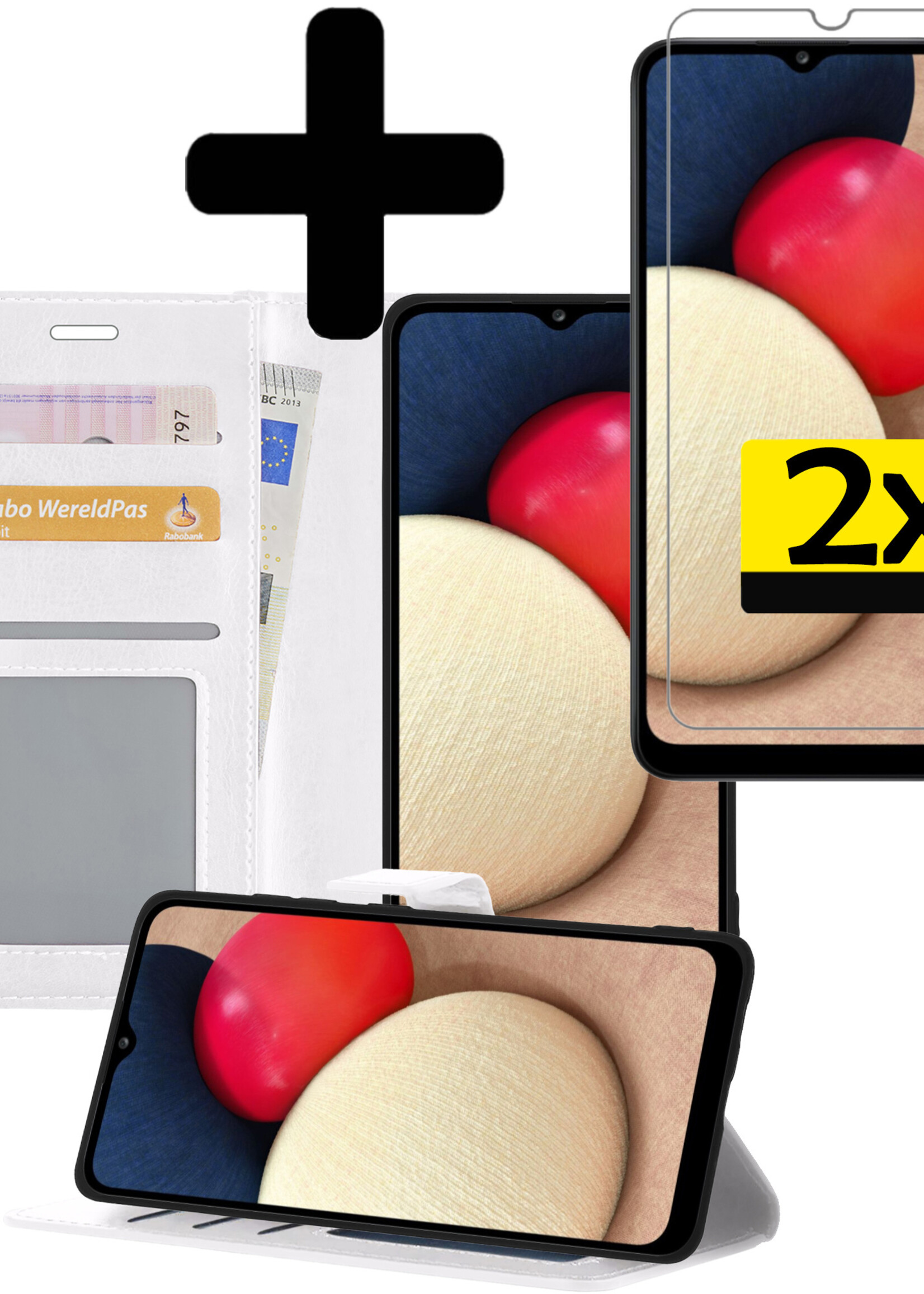 LUQ Hoesje Geschikt voor Samsung A02s Hoesje Book Case Hoes Wallet Cover Met 2x Screenprotector - Hoes Geschikt voor Samsung Galaxy A02s Hoesje Bookcase Hoes - Wit