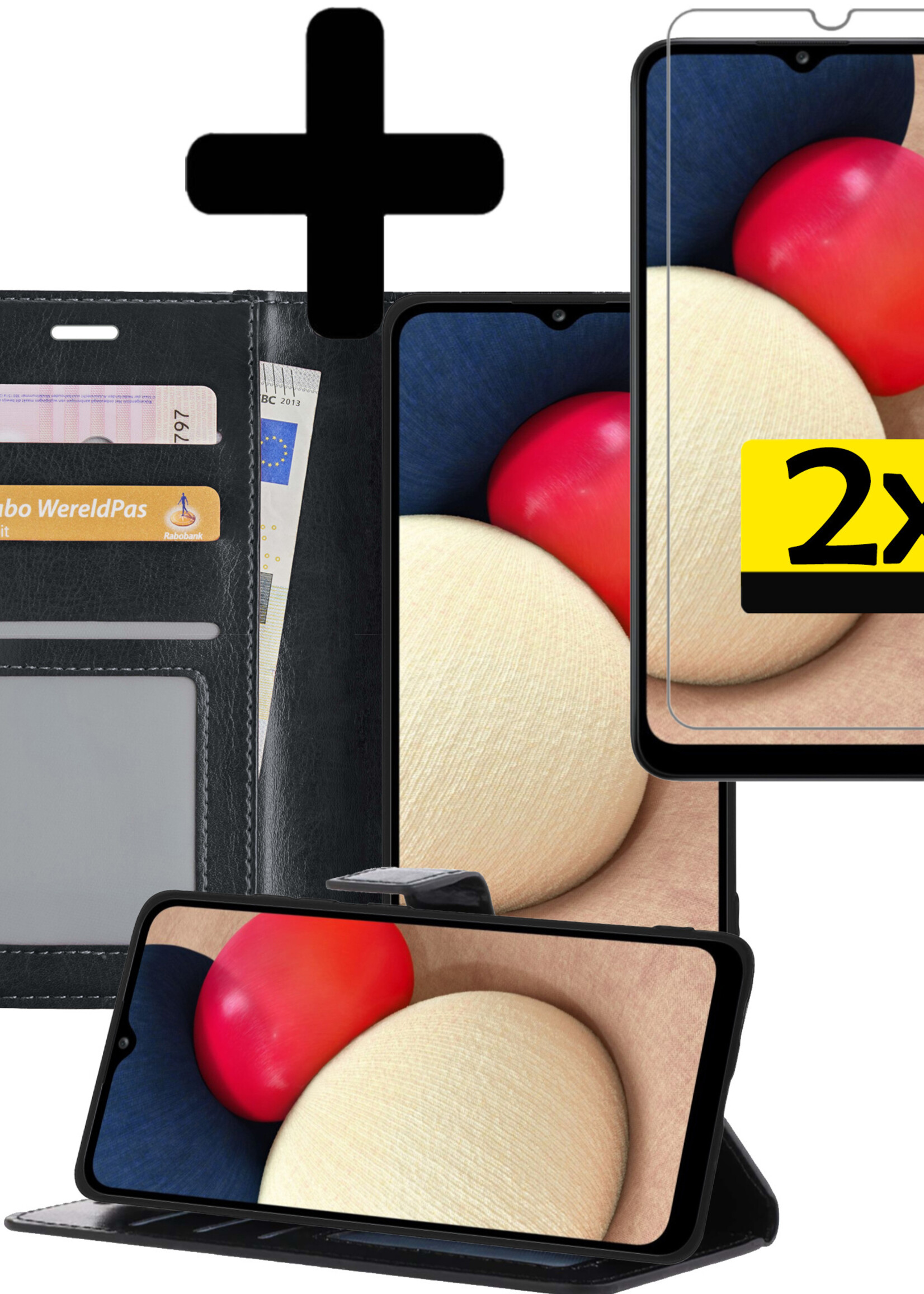 LUQ Hoesje Geschikt voor Samsung A02s Hoesje Book Case Hoes Wallet Cover Met 2x Screenprotector - Hoes Geschikt voor Samsung Galaxy A02s Hoesje Bookcase Hoes - Zwart