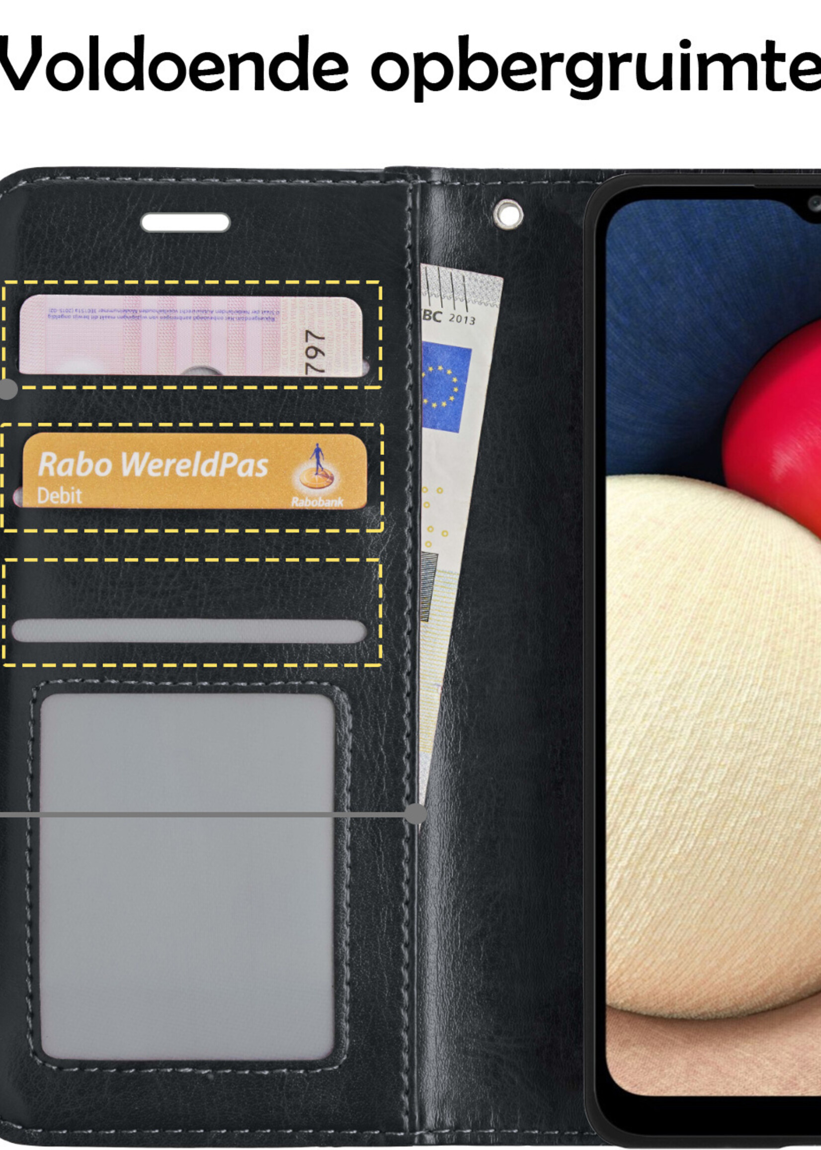 LUQ Hoesje Geschikt voor Samsung A02s Hoesje Book Case Hoes Wallet Cover Met 2x Screenprotector - Hoes Geschikt voor Samsung Galaxy A02s Hoesje Bookcase Hoes - Zwart