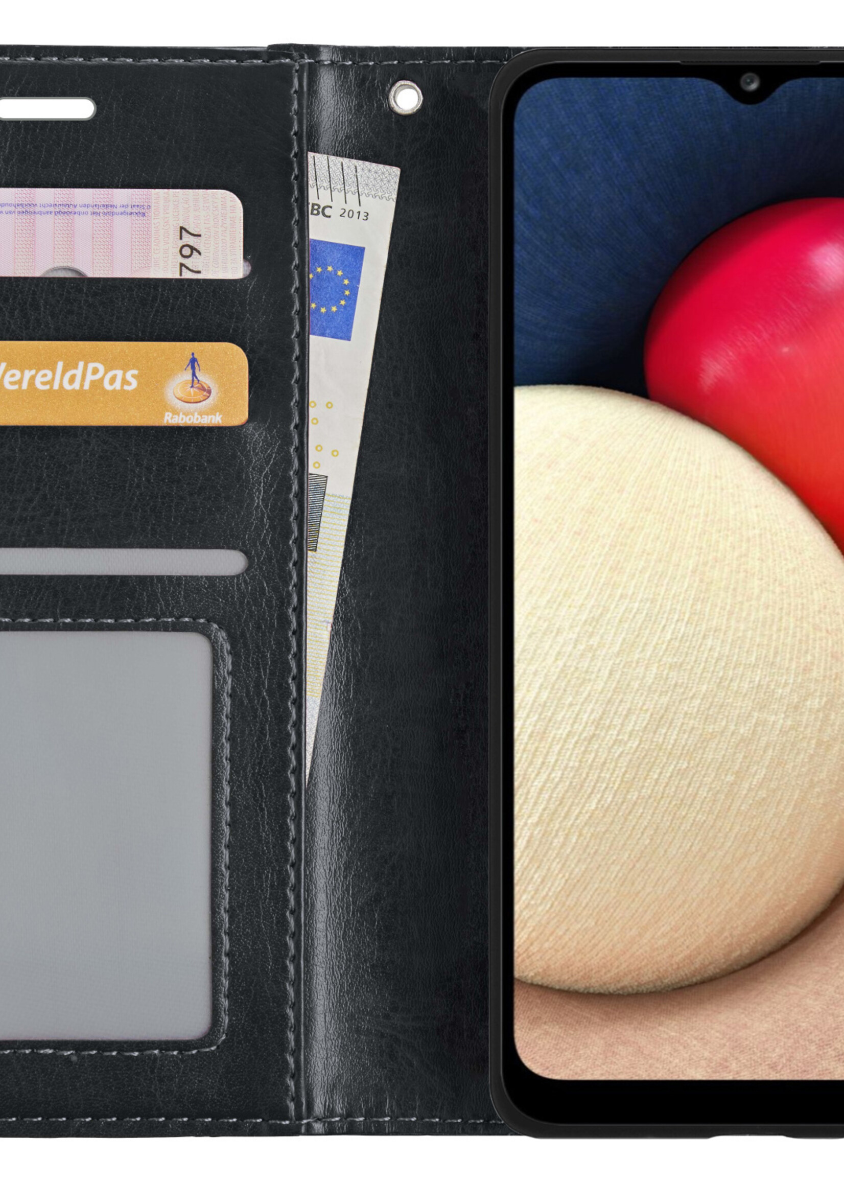 LUQ Hoesje Geschikt voor Samsung A02s Hoesje Book Case Hoes Wallet Cover Met 2x Screenprotector - Hoes Geschikt voor Samsung Galaxy A02s Hoesje Bookcase Hoes - Zwart