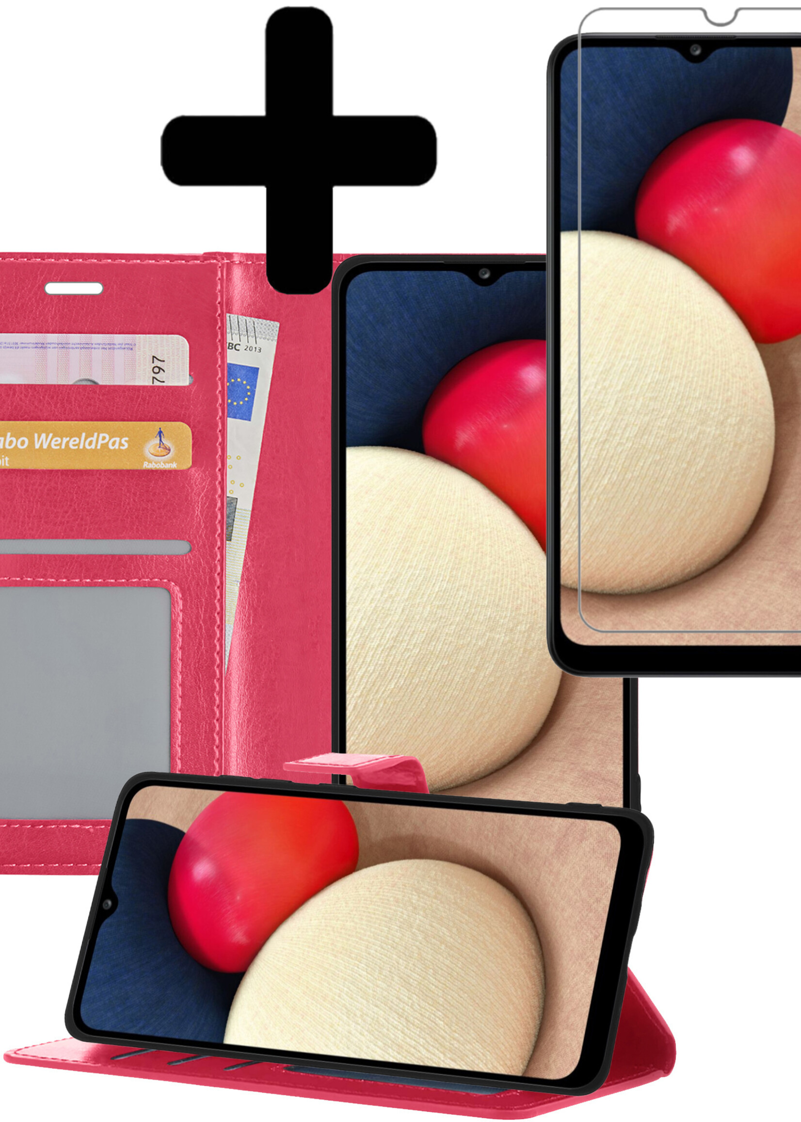 LUQ Hoesje Geschikt voor Samsung A03s Hoesje Book Case Hoes Wallet Cover Met Screenprotector - Hoes Geschikt voor Samsung Galaxy A03s Hoesje Bookcase Hoes - Donkerroze