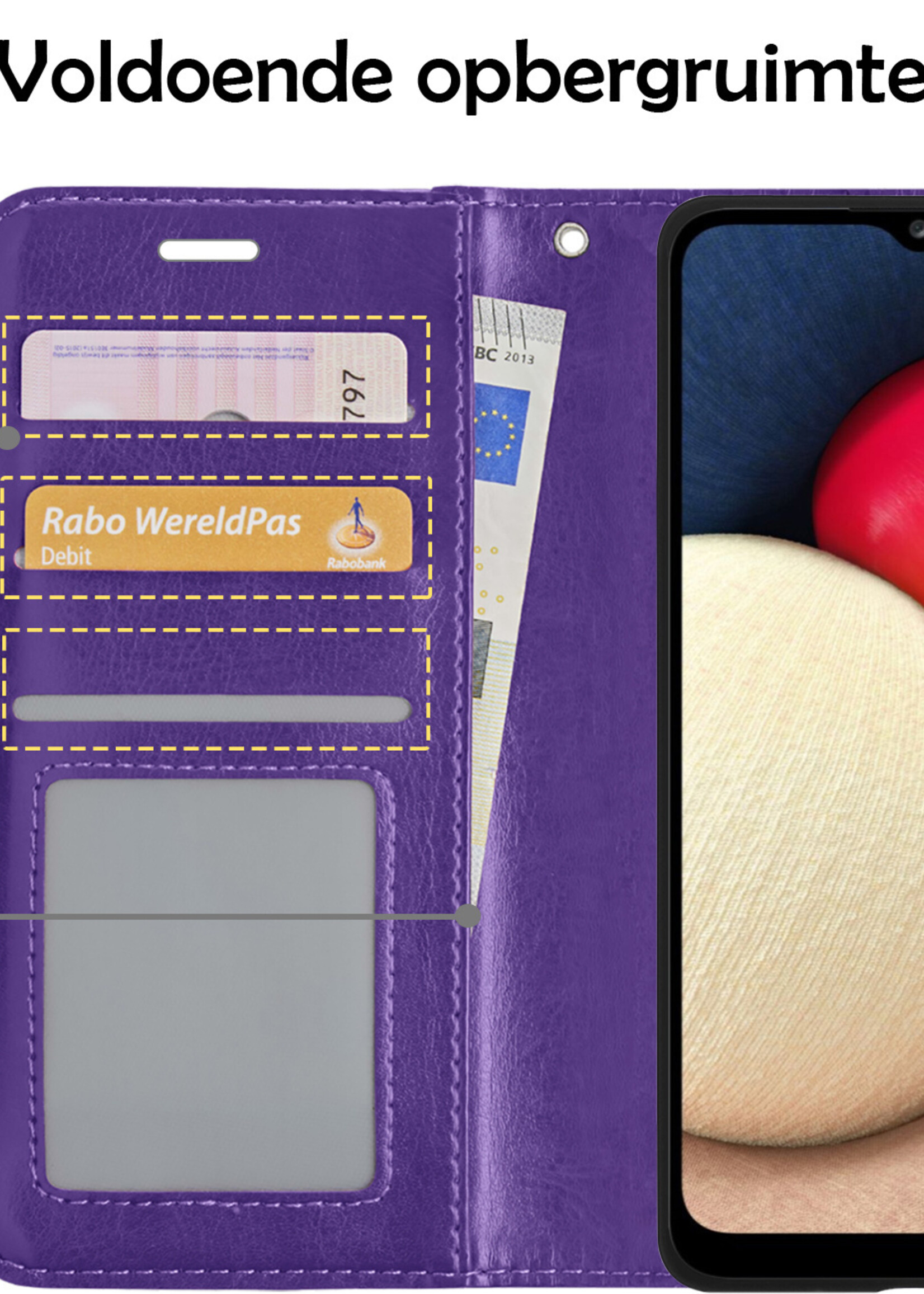 LUQ Hoesje Geschikt voor Samsung A03s Hoesje Book Case Hoes Wallet Cover Met 2x Screenprotector - Hoes Geschikt voor Samsung Galaxy A03s Hoesje Bookcase Hoes - Paars