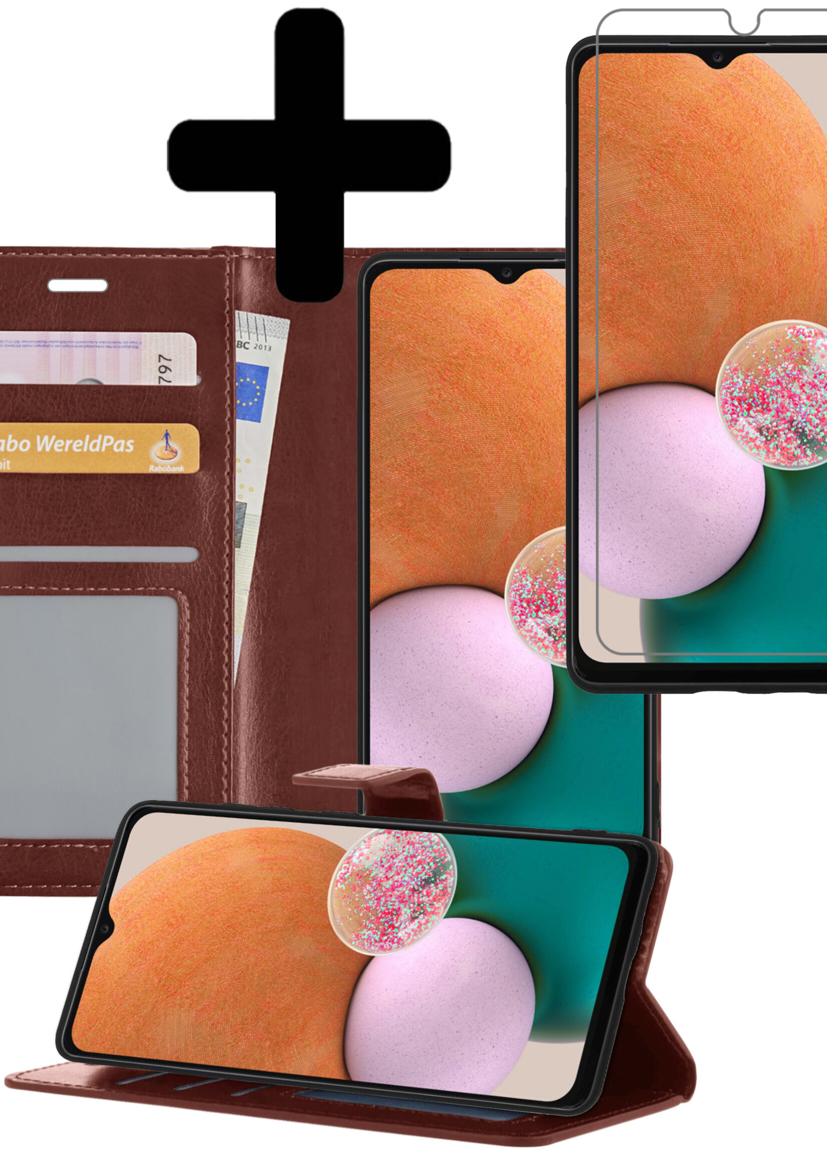 LUQ Hoesje Geschikt voor Samsung A13 4G Hoesje Book Case Hoes Wallet Cover Met Screenprotector - Hoes Geschikt voor Samsung Galaxy A13 4G Hoesje Bookcase Hoes - Bruin