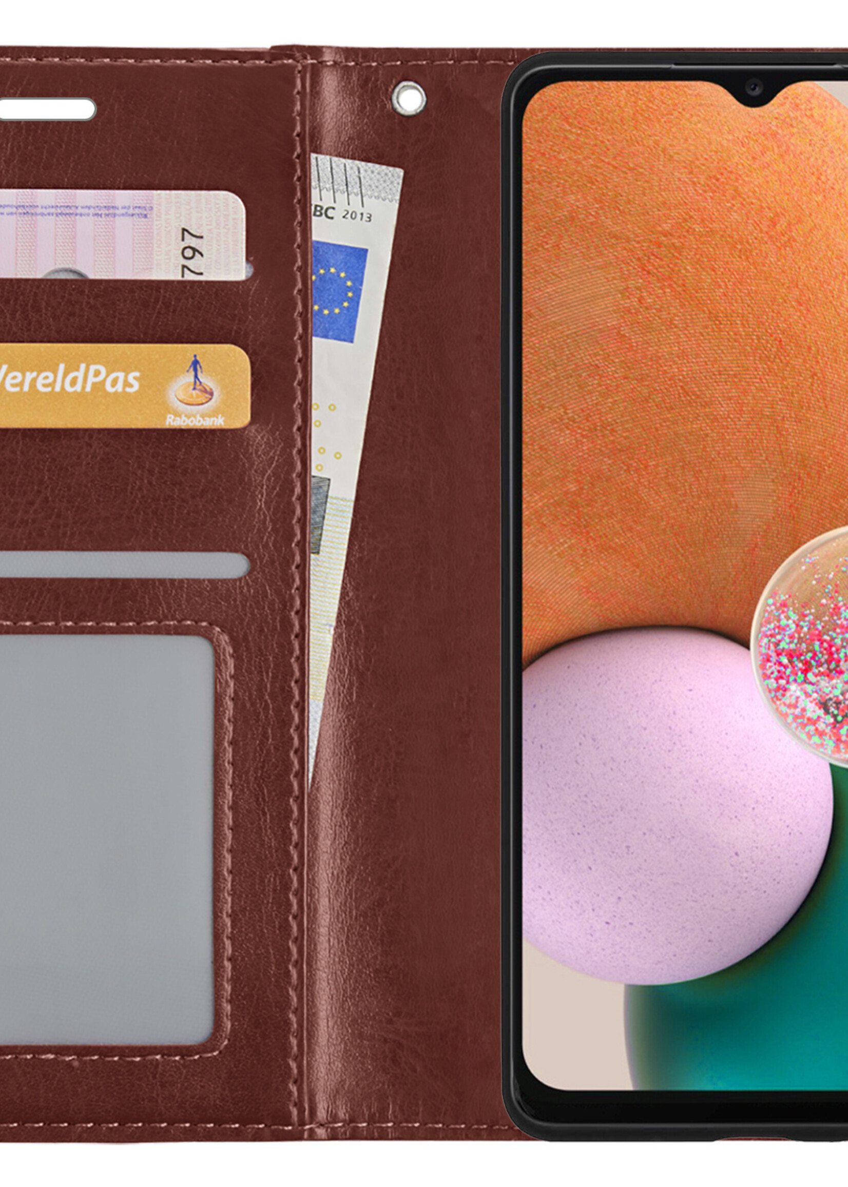 LUQ Hoesje Geschikt voor Samsung A13 4G Hoesje Book Case Hoes Wallet Cover Met Screenprotector - Hoes Geschikt voor Samsung Galaxy A13 4G Hoesje Bookcase Hoes - Bruin