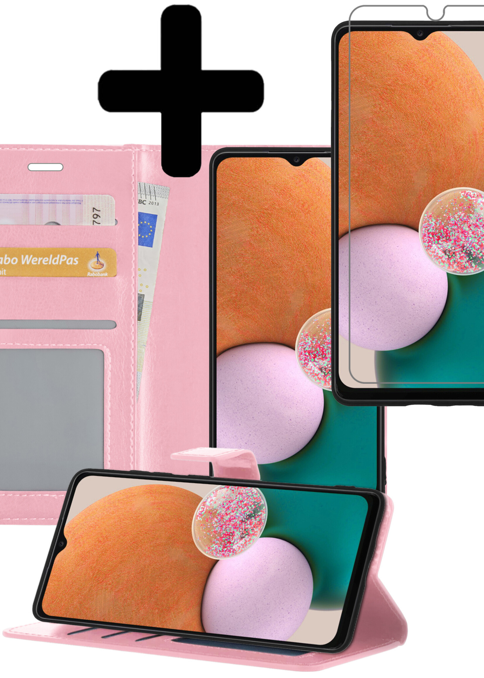 LUQ Hoesje Geschikt voor Samsung A13 4G Hoesje Book Case Hoes Wallet Cover Met Screenprotector - Hoes Geschikt voor Samsung Galaxy A13 4G Hoesje Bookcase Hoes - Lichtroze