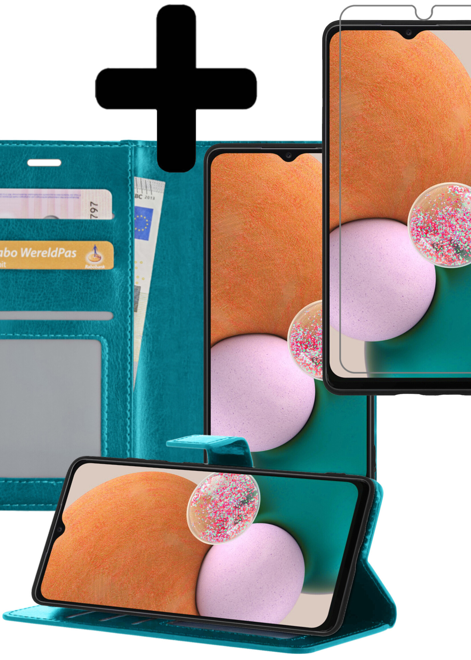 LUQ Hoesje Geschikt voor Samsung A13 4G Hoesje Book Case Hoes Wallet Cover Met Screenprotector - Hoes Geschikt voor Samsung Galaxy A13 4G Hoesje Bookcase Hoes - Turquoise