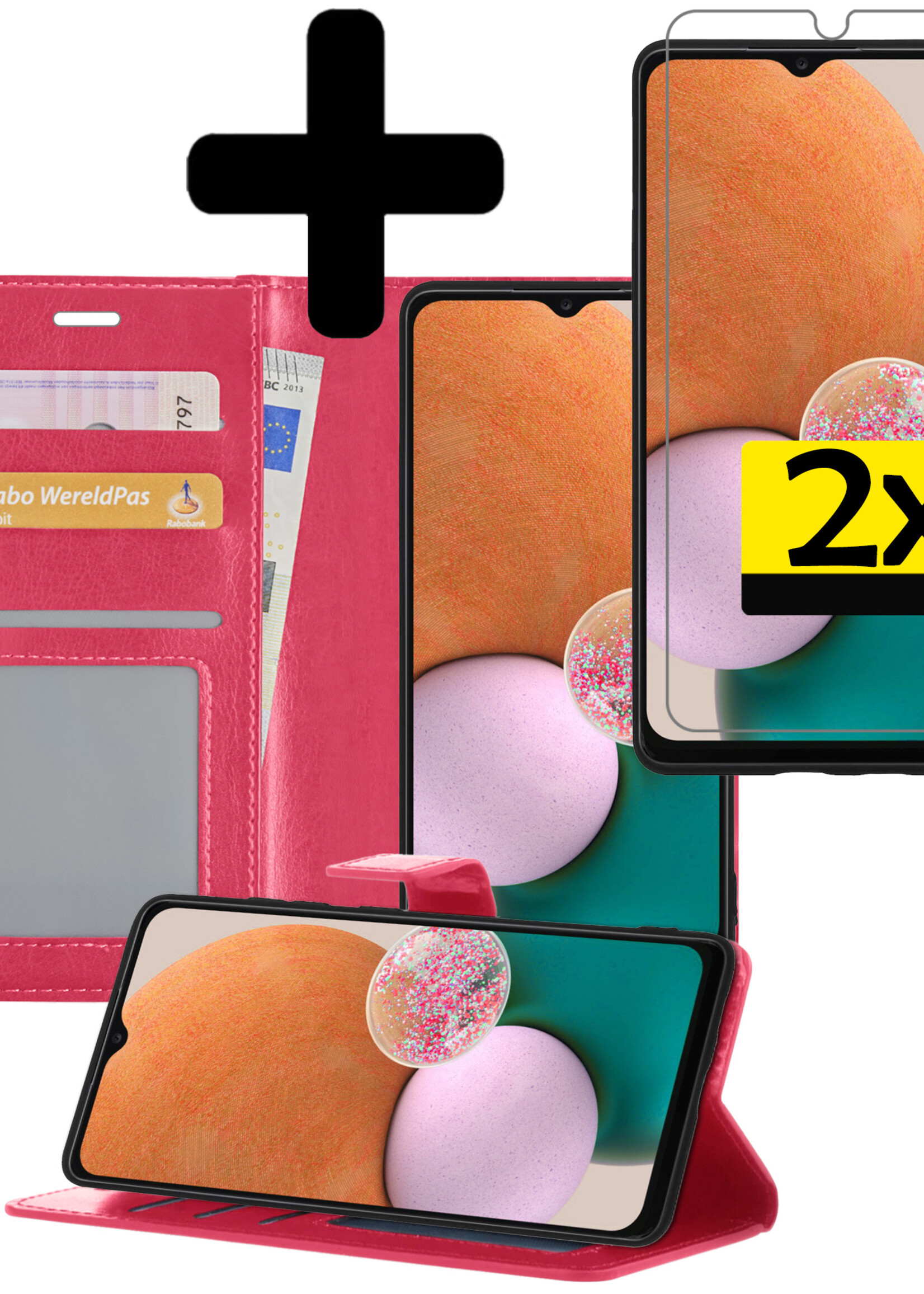 LUQ Hoesje Geschikt voor Samsung A13 4G Hoesje Book Case Hoes Wallet Cover Met 2x Screenprotector - Hoes Geschikt voor Samsung Galaxy A13 4G Hoesje Bookcase Hoes - Donkerroze