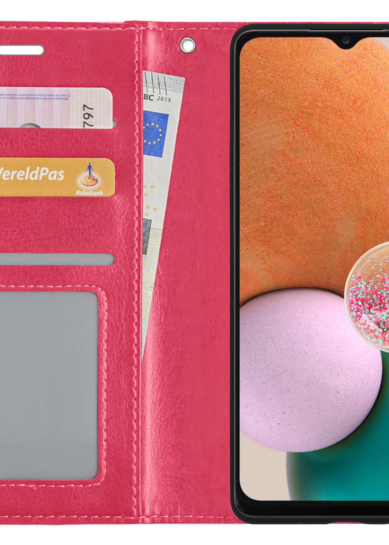 LUQ Hoesje Geschikt voor Samsung A13 4G Hoesje Book Case Hoes Wallet Cover Met 2x Screenprotector - Hoes Geschikt voor Samsung Galaxy A13 4G Hoesje Bookcase Hoes - Donkerroze