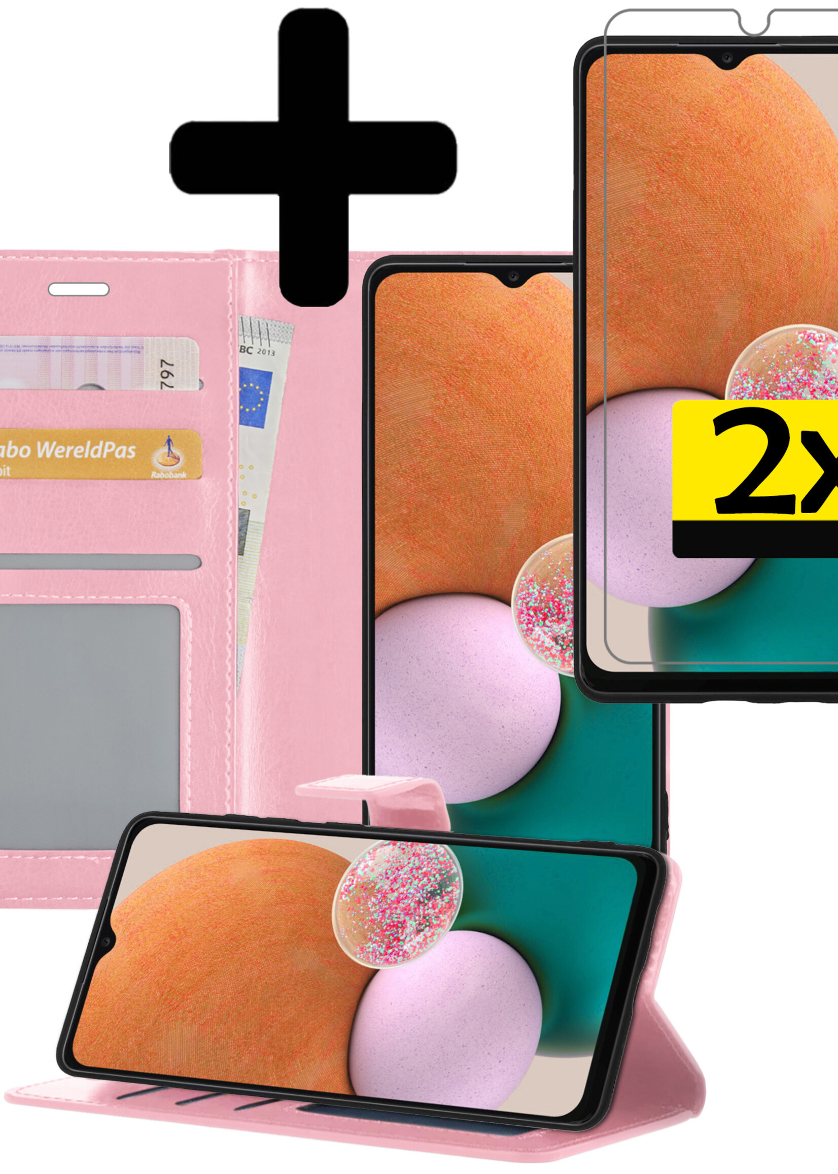 LUQ Hoesje Geschikt voor Samsung A13 4G Hoesje Book Case Hoes Wallet Cover Met 2x Screenprotector - Hoes Geschikt voor Samsung Galaxy A13 4G Hoesje Bookcase Hoes - Lichtroze