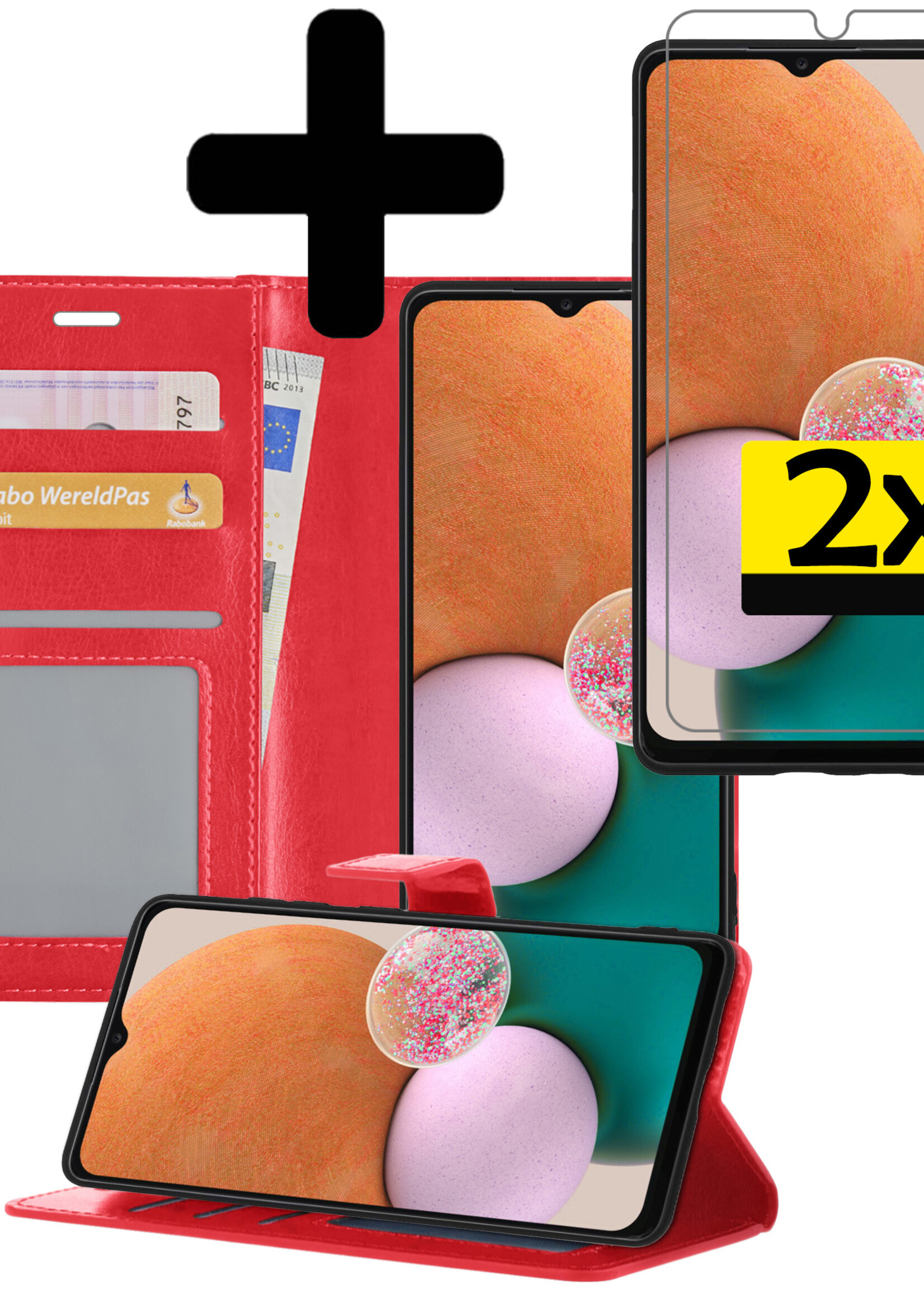 LUQ Hoesje Geschikt voor Samsung A13 4G Hoesje Book Case Hoes Wallet Cover Met 2x Screenprotector - Hoes Geschikt voor Samsung Galaxy A13 4G Hoesje Bookcase Hoes - Rood