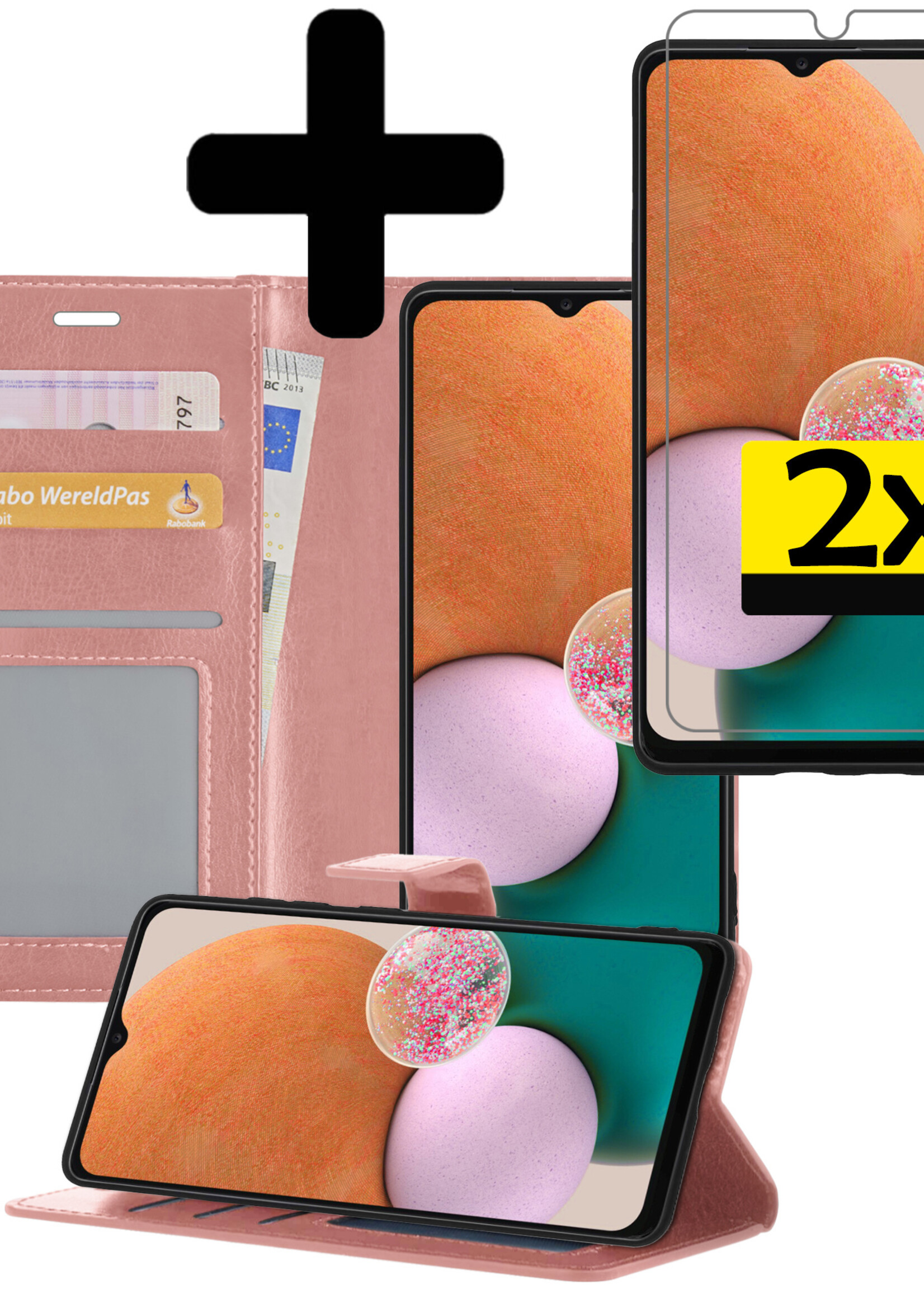 LUQ Hoesje Geschikt voor Samsung A13 4G Hoesje Book Case Hoes Wallet Cover Met 2x Screenprotector - Hoes Geschikt voor Samsung Galaxy A13 4G Hoesje Bookcase Hoes - Rosé goud
