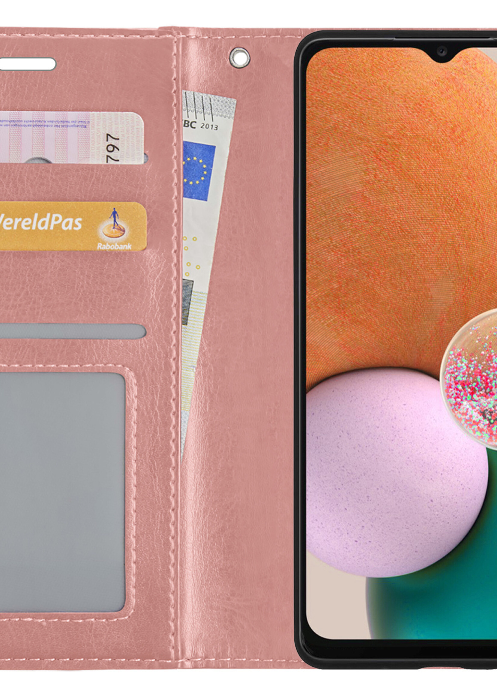 LUQ Hoesje Geschikt voor Samsung A13 4G Hoesje Book Case Hoes Wallet Cover Met 2x Screenprotector - Hoes Geschikt voor Samsung Galaxy A13 4G Hoesje Bookcase Hoes - Rosé goud