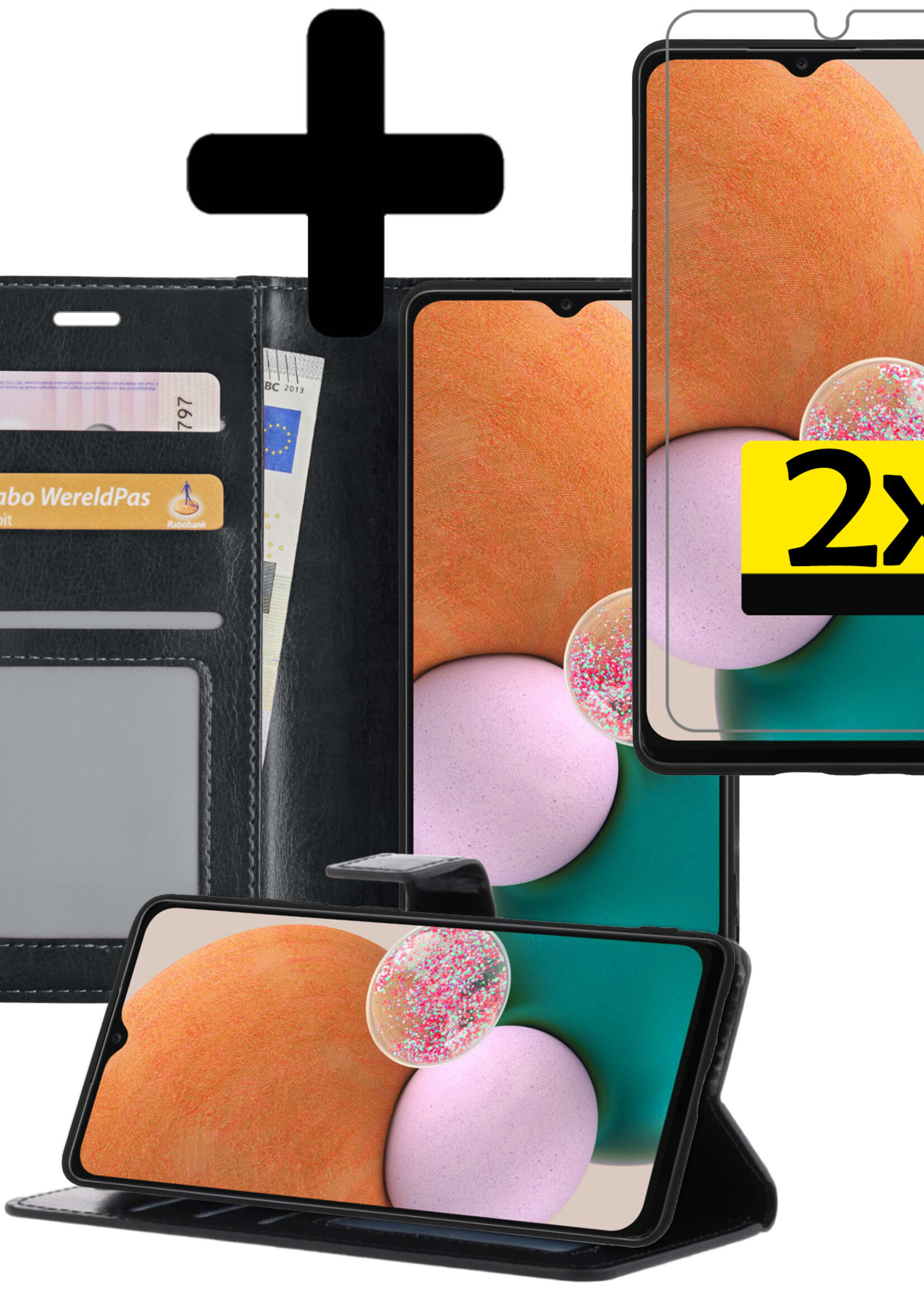 LUQ Hoesje Geschikt voor Samsung A13 4G Hoesje Book Case Hoes Wallet Cover Met 2x Screenprotector - Hoes Geschikt voor Samsung Galaxy A13 4G Hoesje Bookcase Hoes - Zwart